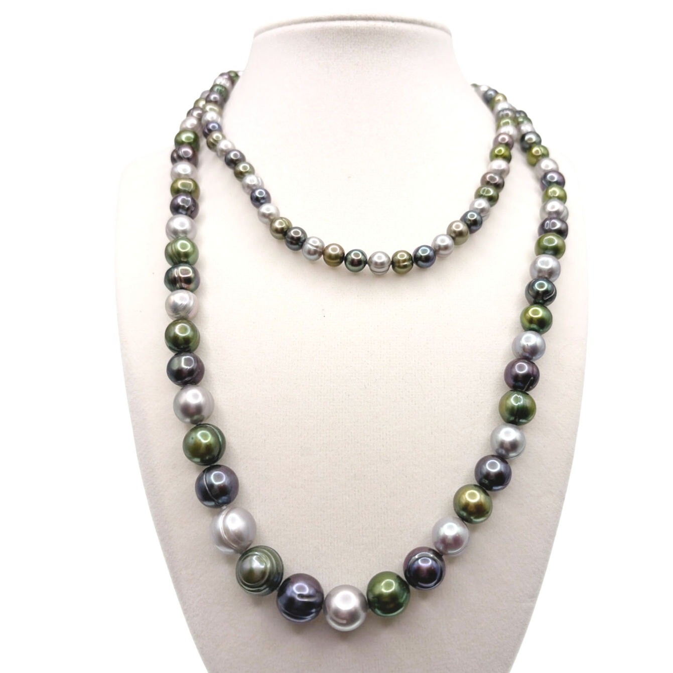 Vintage Tricolor Freshwater Pearl Green Purple White Long Necklace 34”