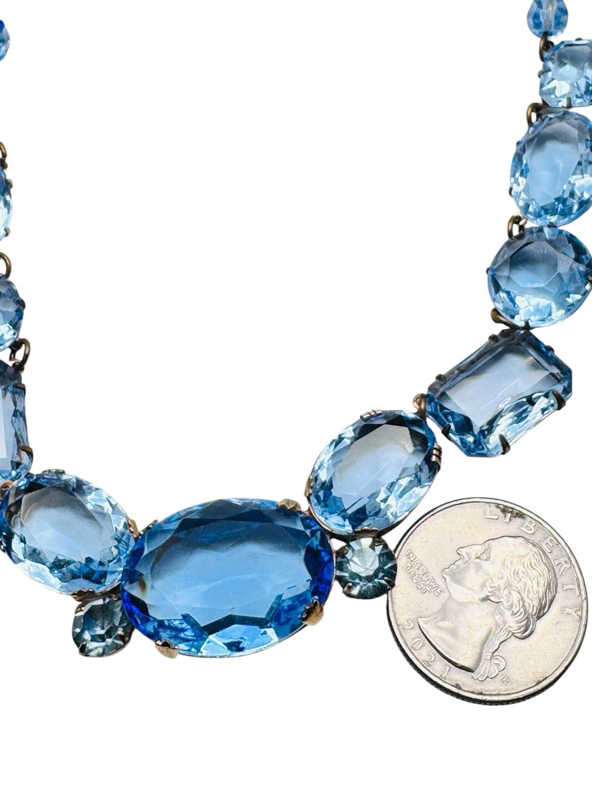 Vintage Blue Glass Rhinestone Necklace Signed Frances Hirsch Beautiful 16″