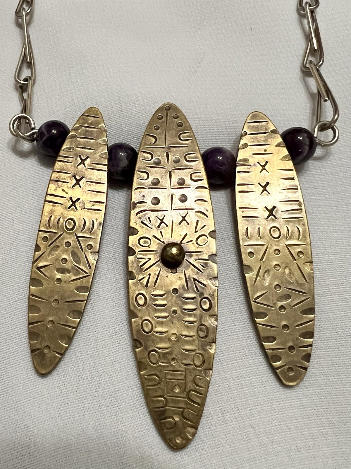 Abstract BRUTALIST Brass Metal AMETHYST BEAD PENDANT & Necklace Chain VINTAGE