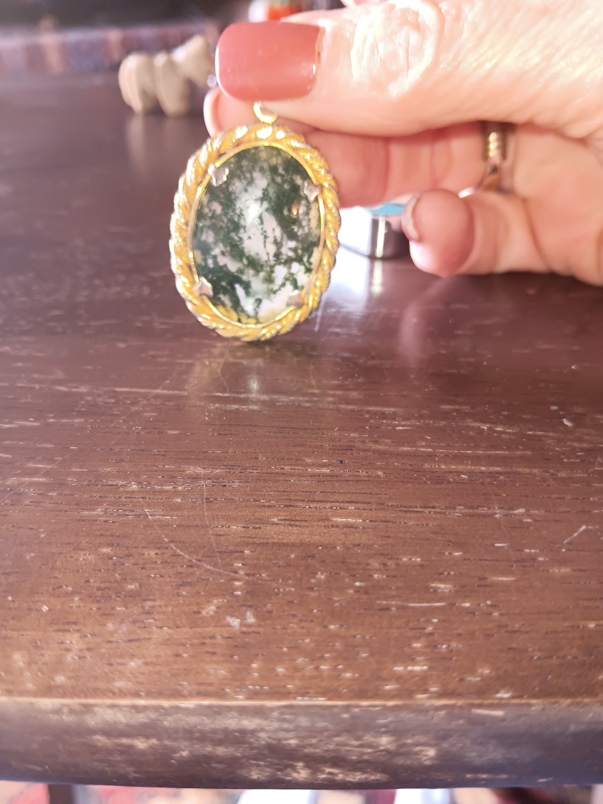 Vintage Moss Agate Pendant in goldtone setting.