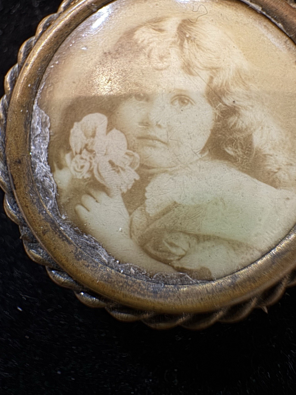 Antique Round Portrait Brooch Brass Frame Young Girl Flowers C Clasp