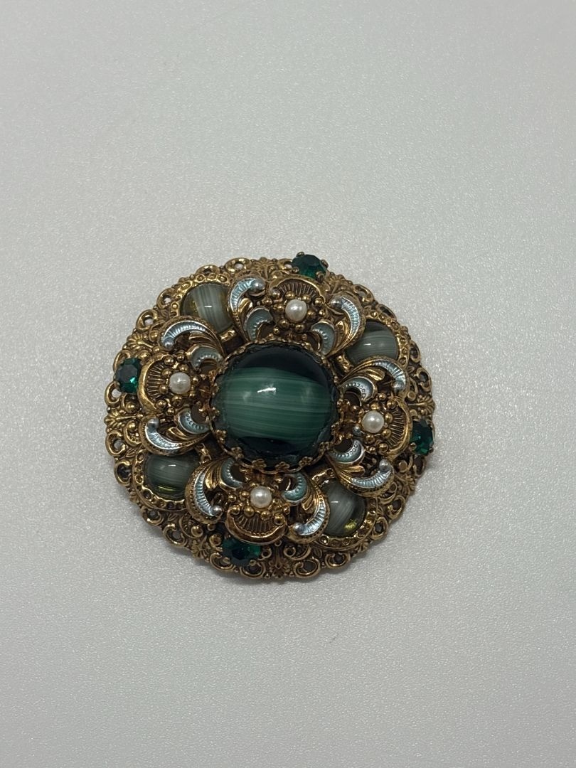 W. Germany Gold/Green Vintage 1950s Layered Filigree Brooch & Earrings Parure Se