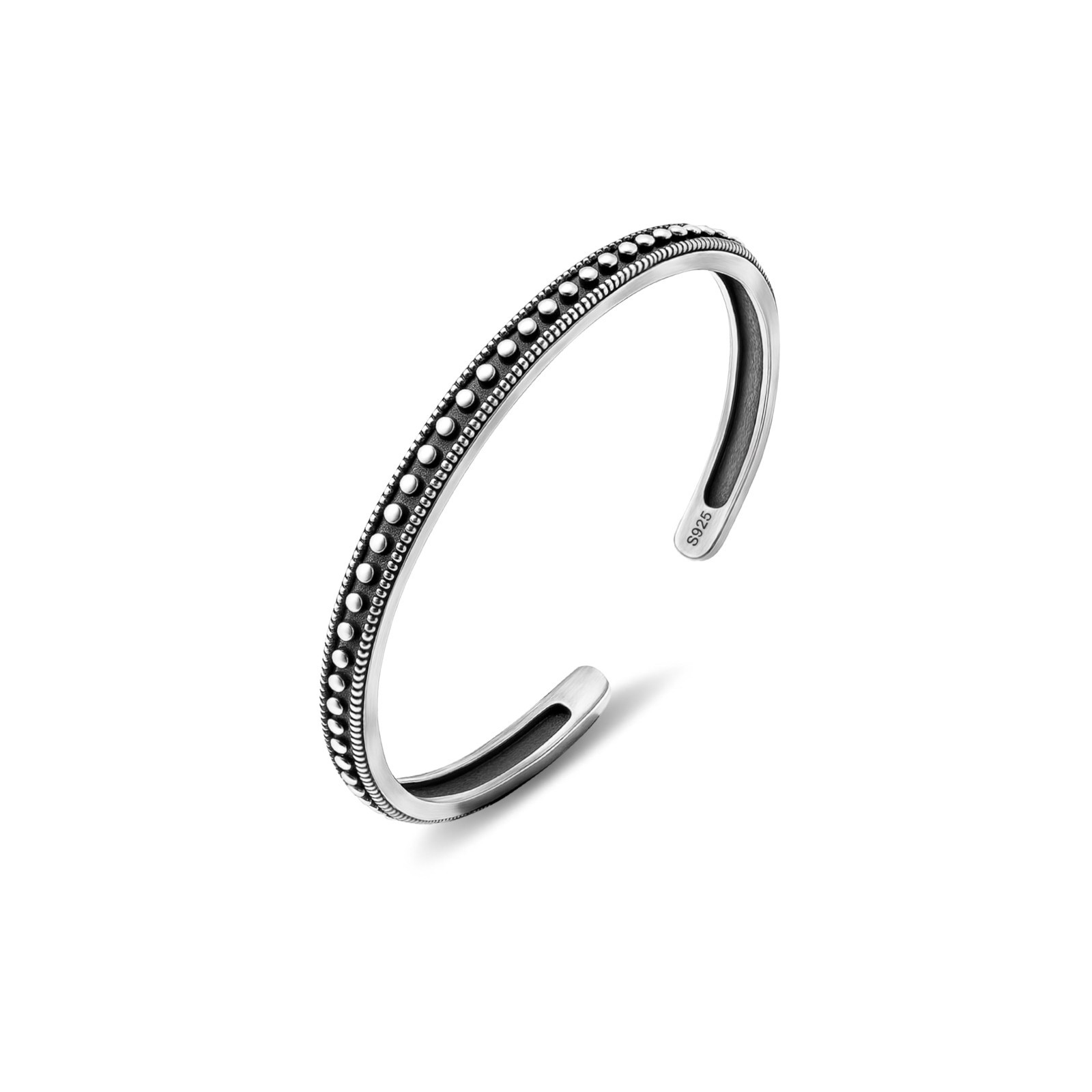 Vintage Silver Cuff Bangle Bracelet – Adjustable Open Design, Carved Dot, Boho J