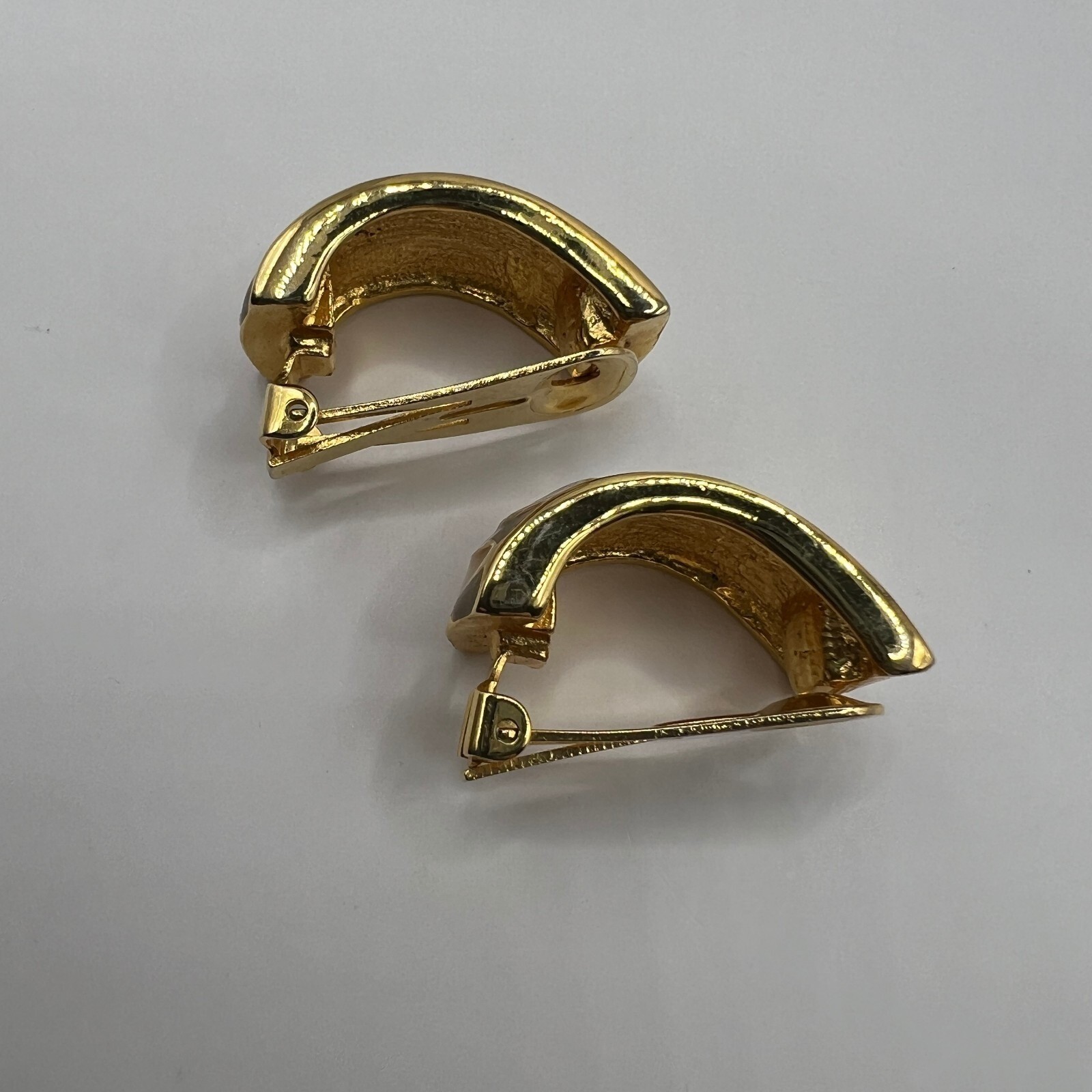 Vintage Clip On Earrings Half Hoops Peach Gray Brown Enamel Gold Tone