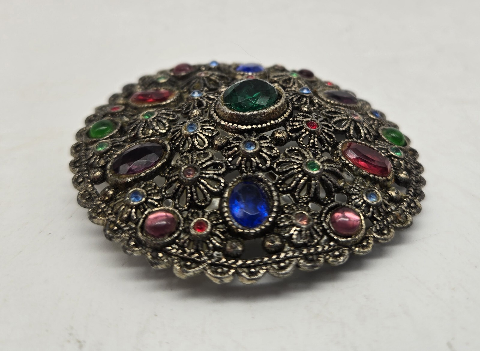 Antique New England Glass Works Rhinestone Brooch Filigree Vtg Signed Goblet
