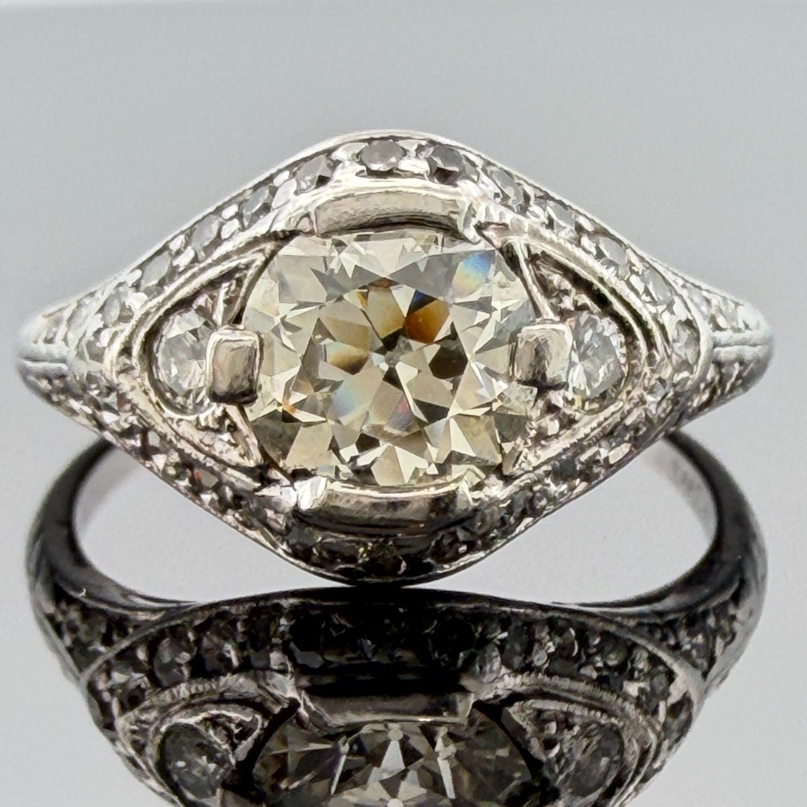 Art Deco Style Platinum Old European Cut Diamond Ring SI1 J Size 5.25