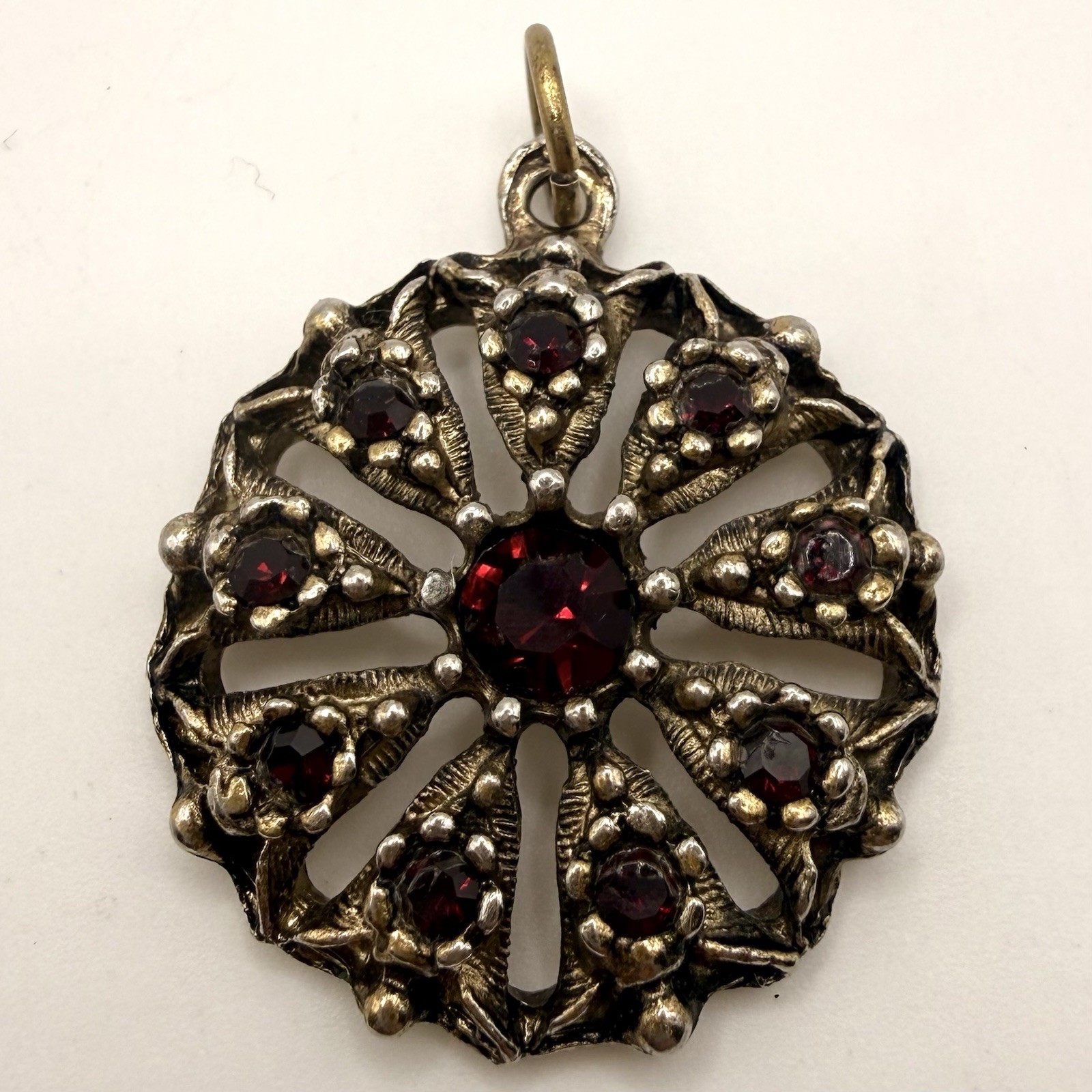 Vintage Red Glass Openwork Pendant Antiqued Gold Tone Gothic Boho Statement
