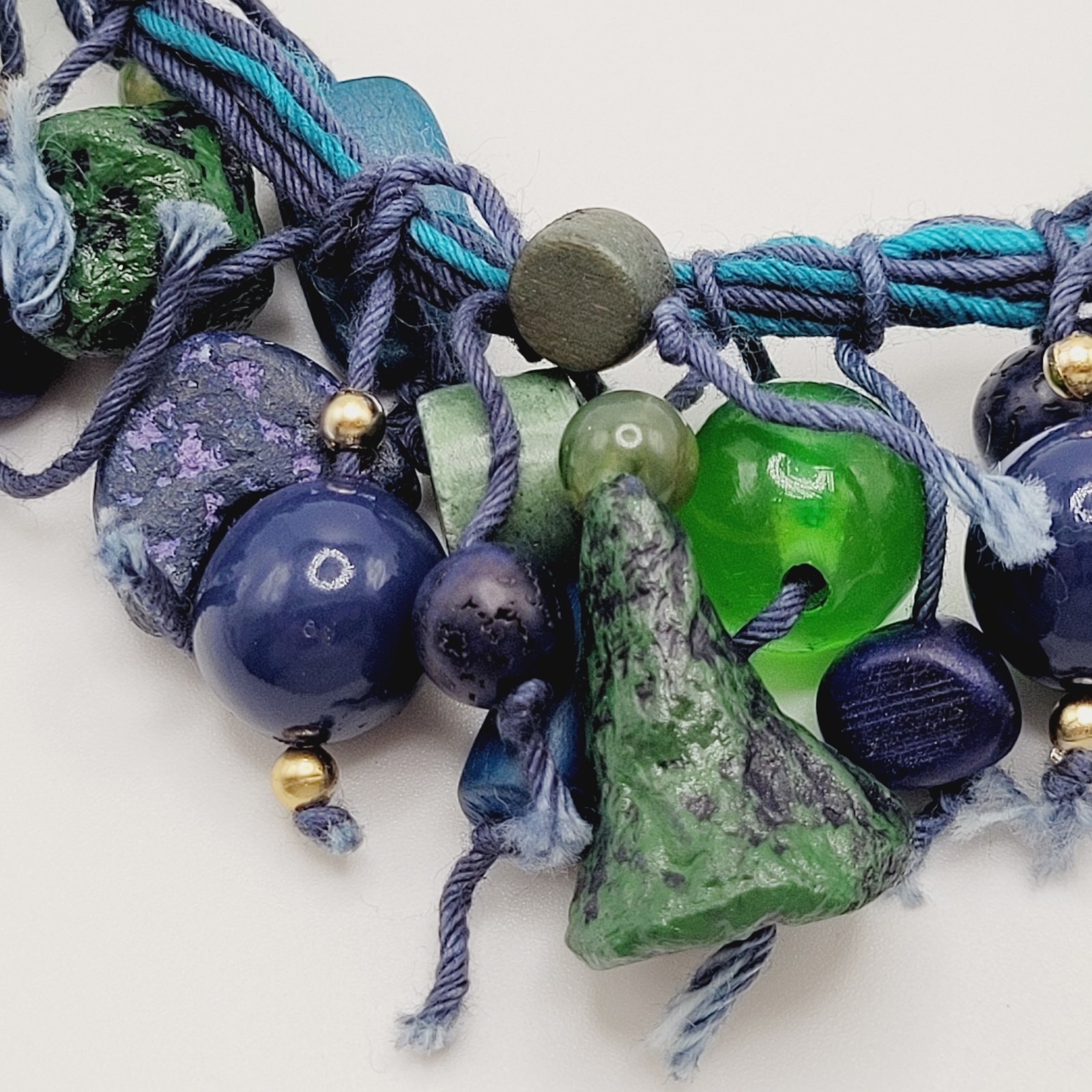 Eclectic Artsy Artisan Braided Cotton Mixed Material Beaded Vintage Necklace