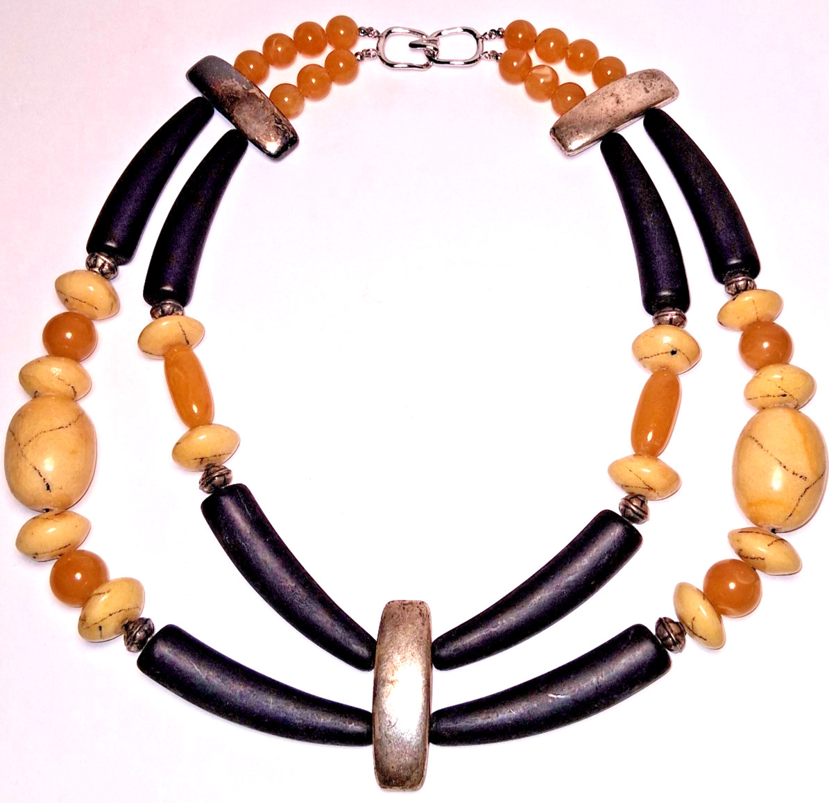 Vintage Les Bernard Double Strand Faux Horn Runway Necklace Black & Amber Resin