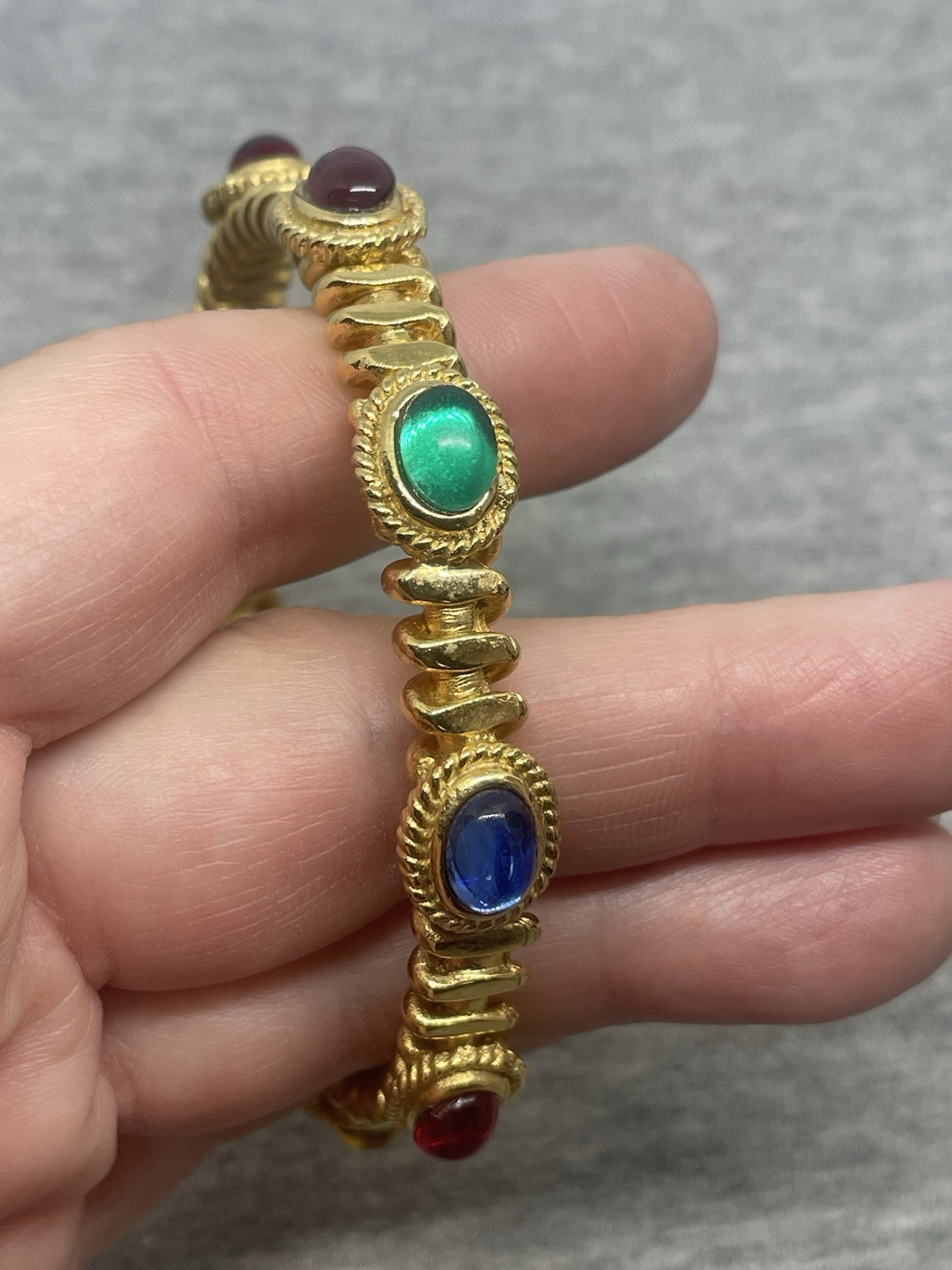 Vintage GoldTone Gripoix Multicolor Glass Cabochons 7.67” Bangle Bracelet