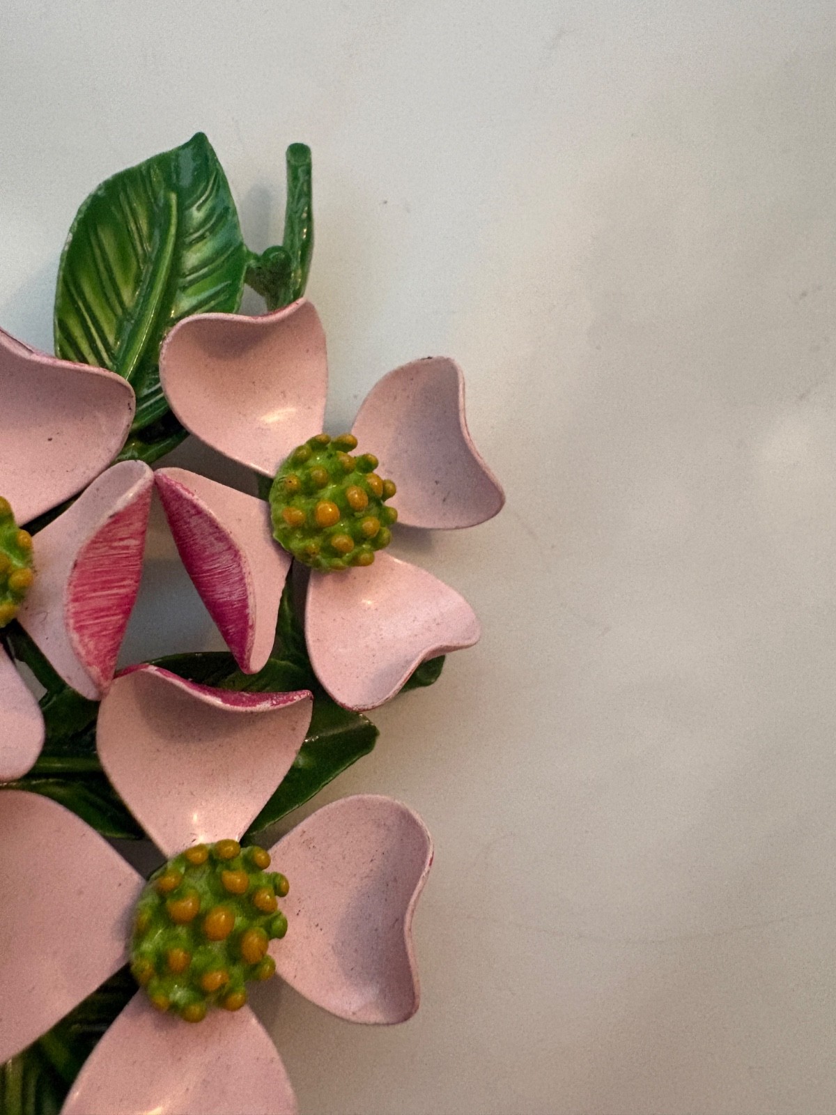 Vintage Pink and Green Enamel Dogwood Flower Brooch