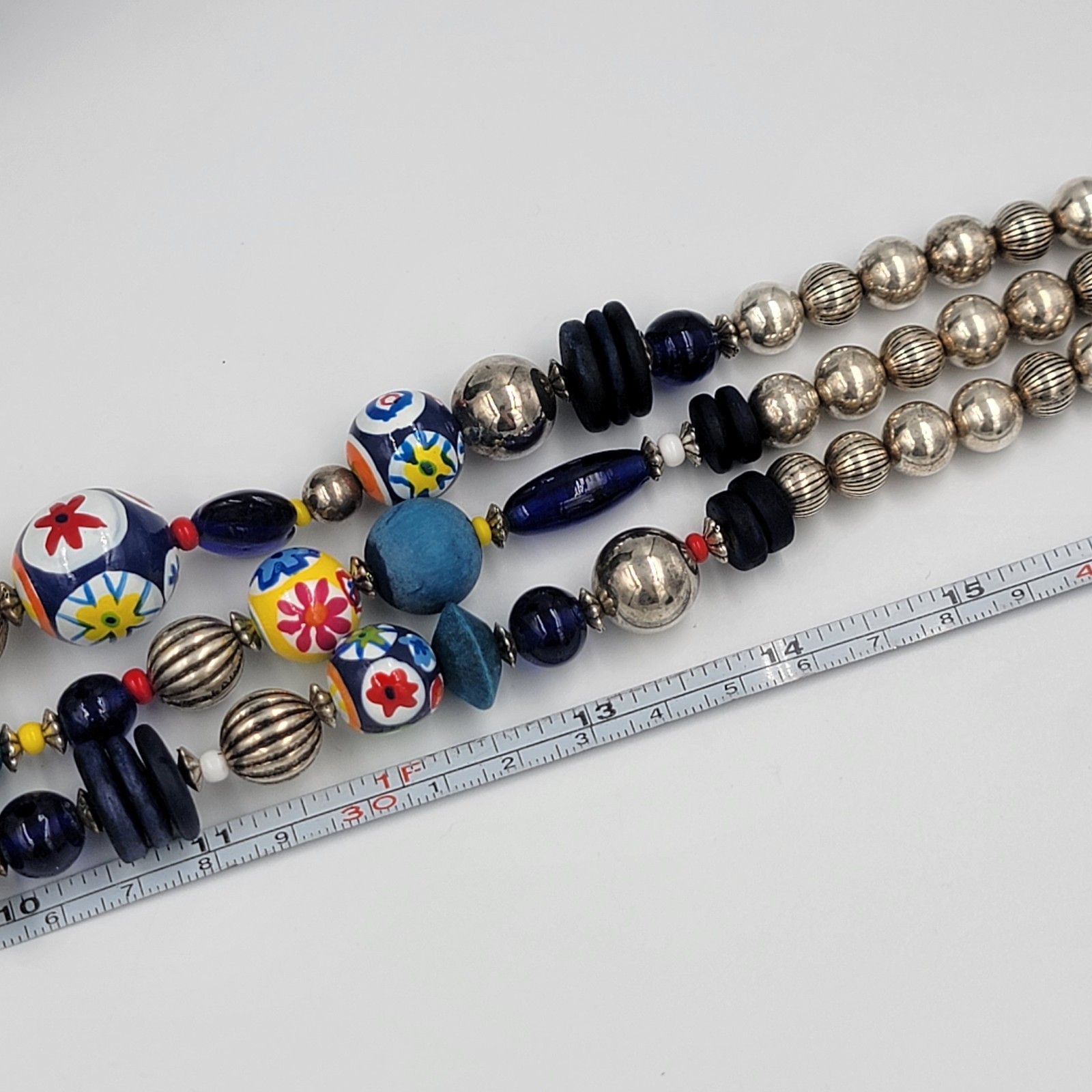 Vtg 80s Boho Multi-Strand Wood Ceramic Beaded Necklace Chunky Blu Red Yel Tribal