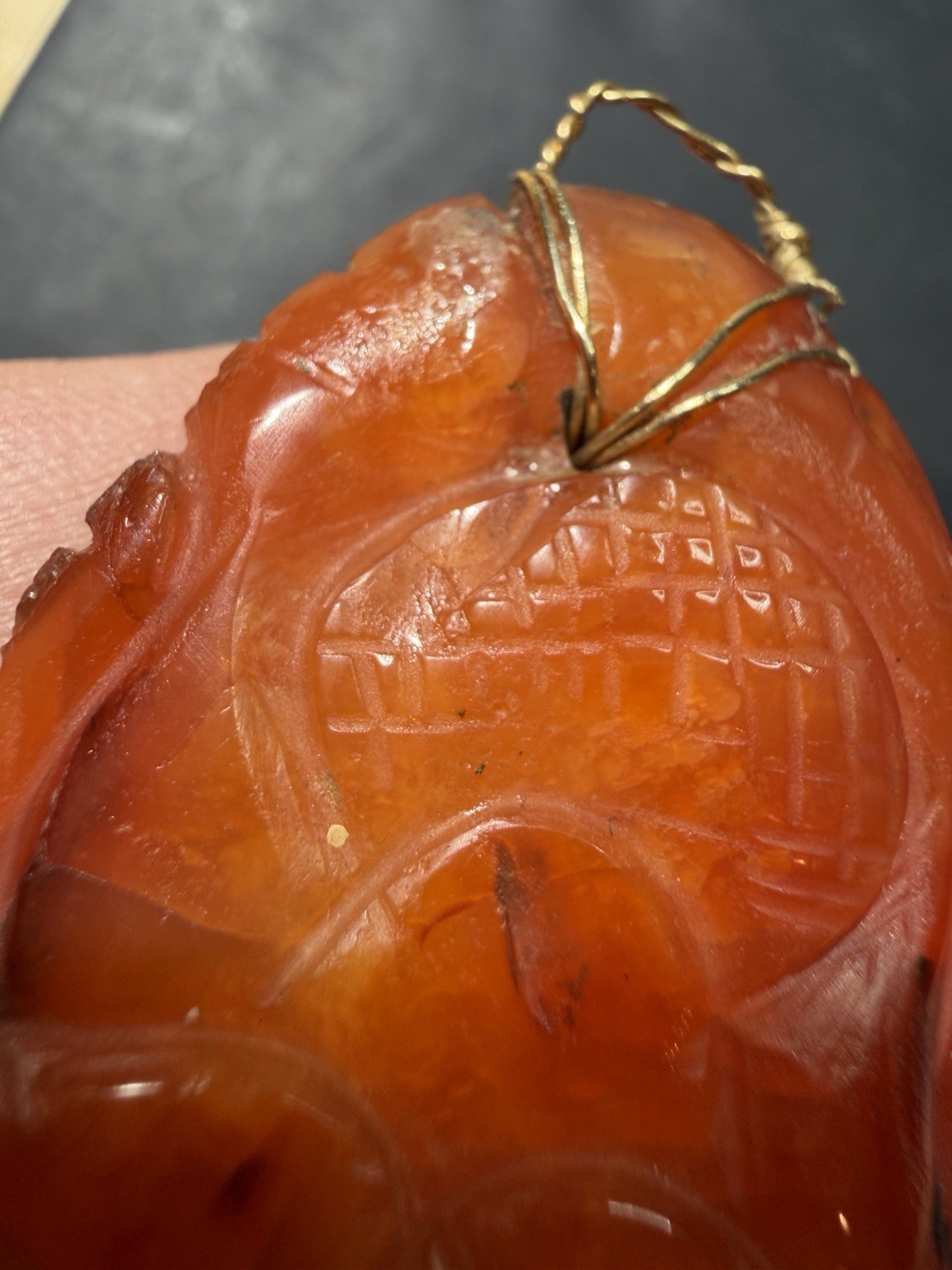 Vintage Carved Carnelian Stone Pendant 10k Solid Gold Wire Bail Old Repair