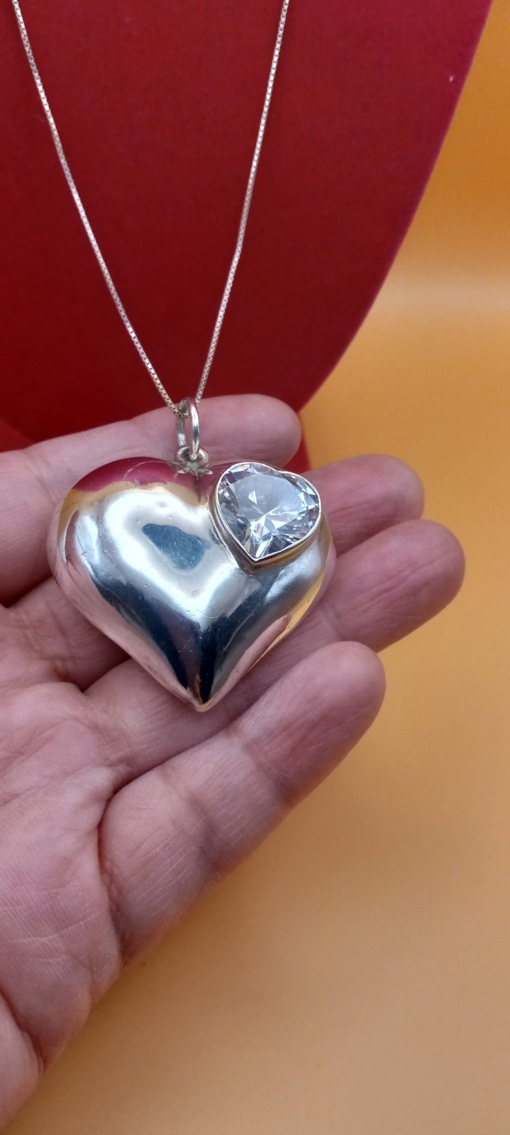 Vintage Sterling Silver 20in Box Necklace W/big Puff Heart W/big Cubic Zirconia