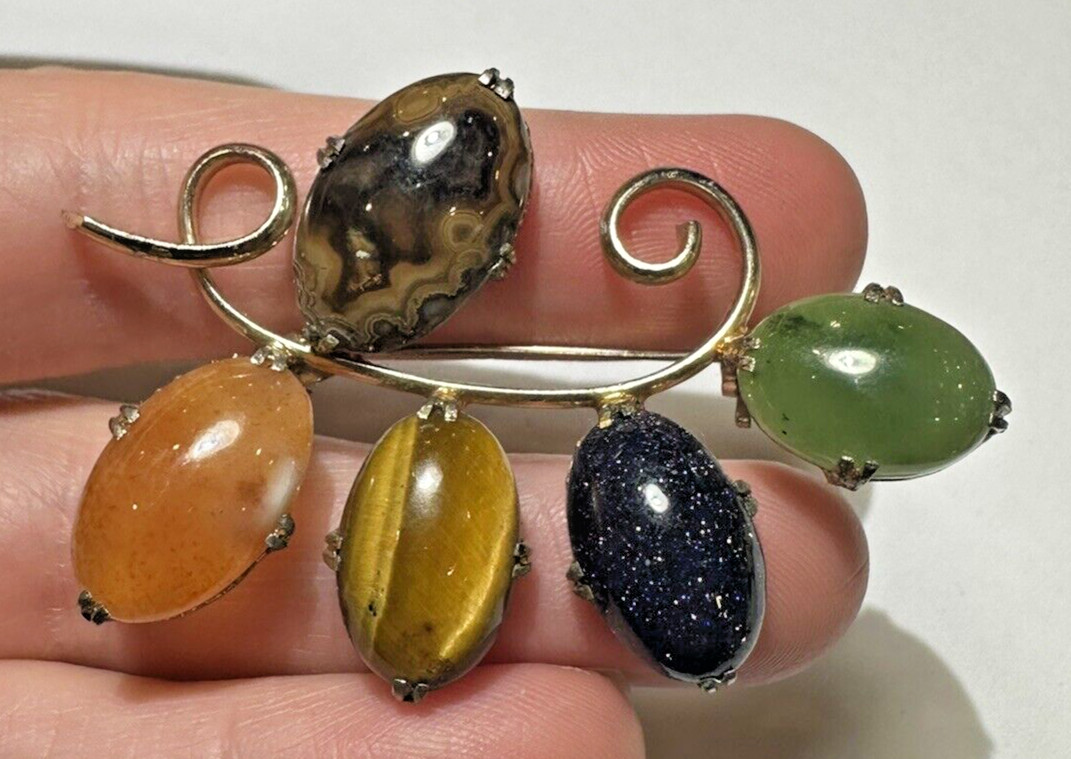 Vintag Carved Green Jade Blue Feldspar Carnelian Tigers Eye Scarab Branch Brooch