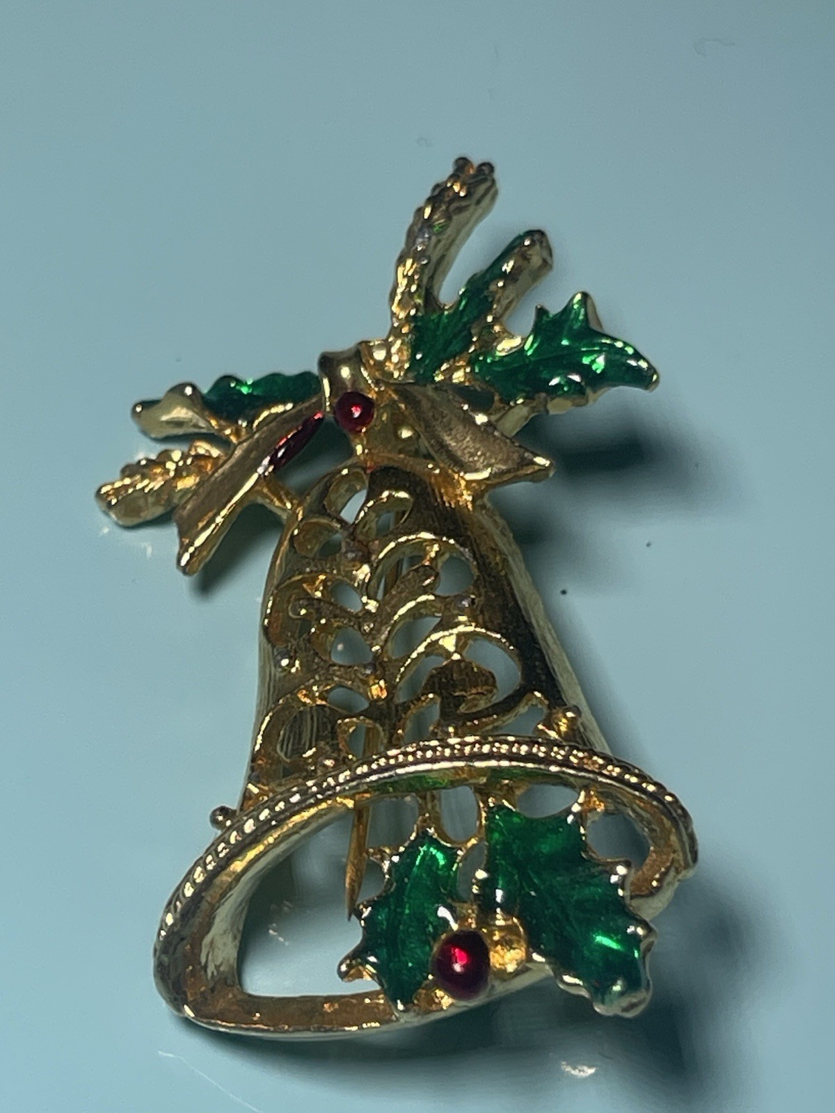 Vintage Christmas Bell Brooch Gold Tone Green Enamel Holly Red Rhinestone