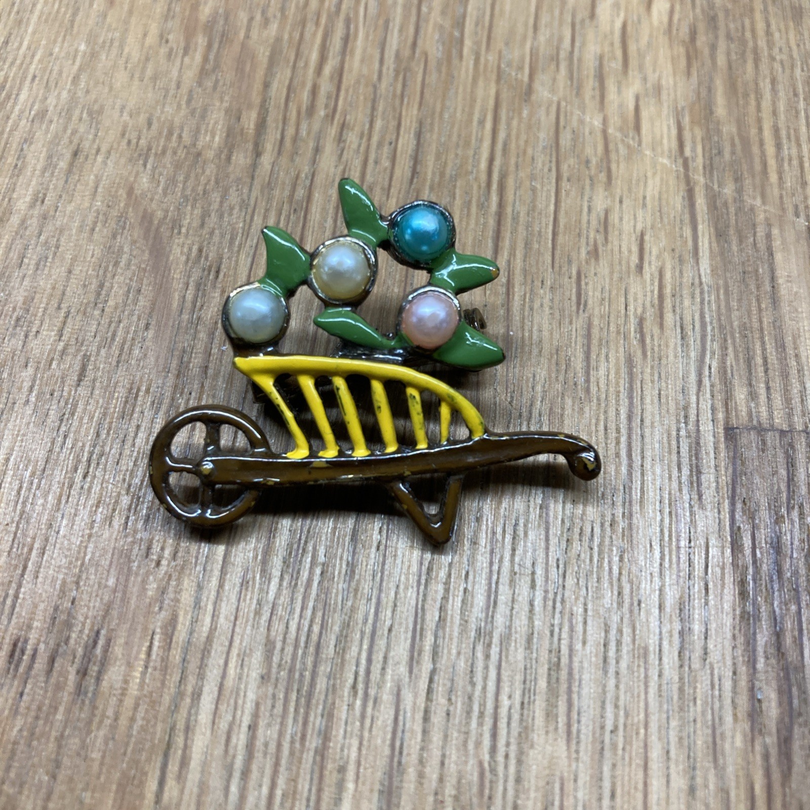 Wheelbarrow And Flowers Brooch Pin Faux Pearl Metal Enamel Mid Century Modern