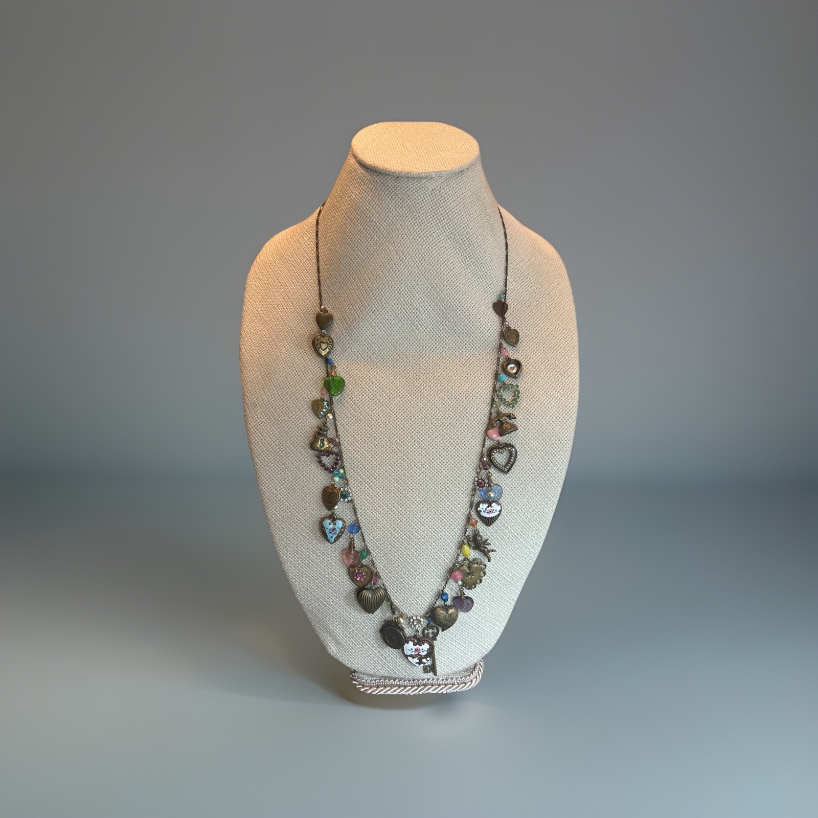 50. GLASS WORKS STUDIO Brass Multi Color Glass Heart Enamel Flower Necklace 33″