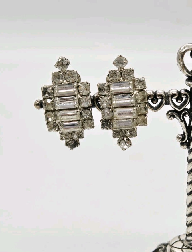 Victorian Crystal Earring Silver Tone Clip on Adorable Wedding Bridal 1.5 in #2