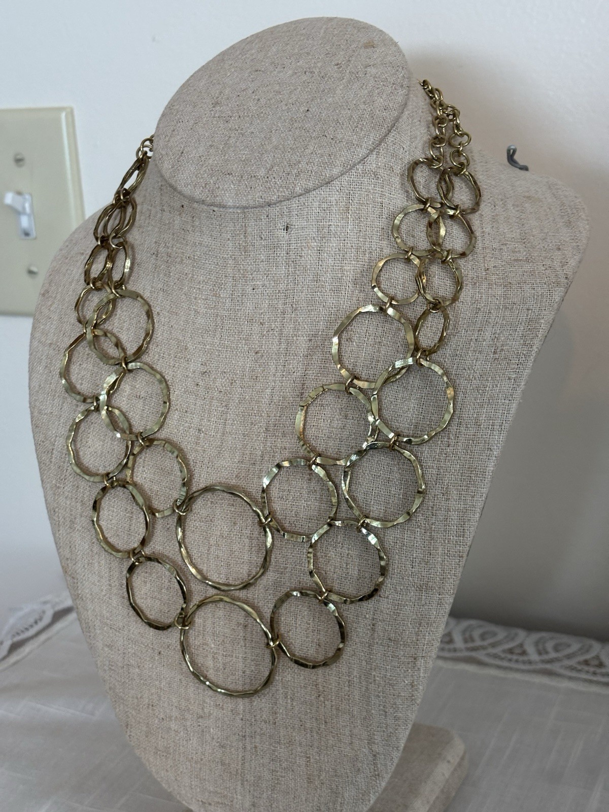 Vtg Retro 2 Strand Open Hammered Gold Plate Circle Necklace Lobster Claw Clasp