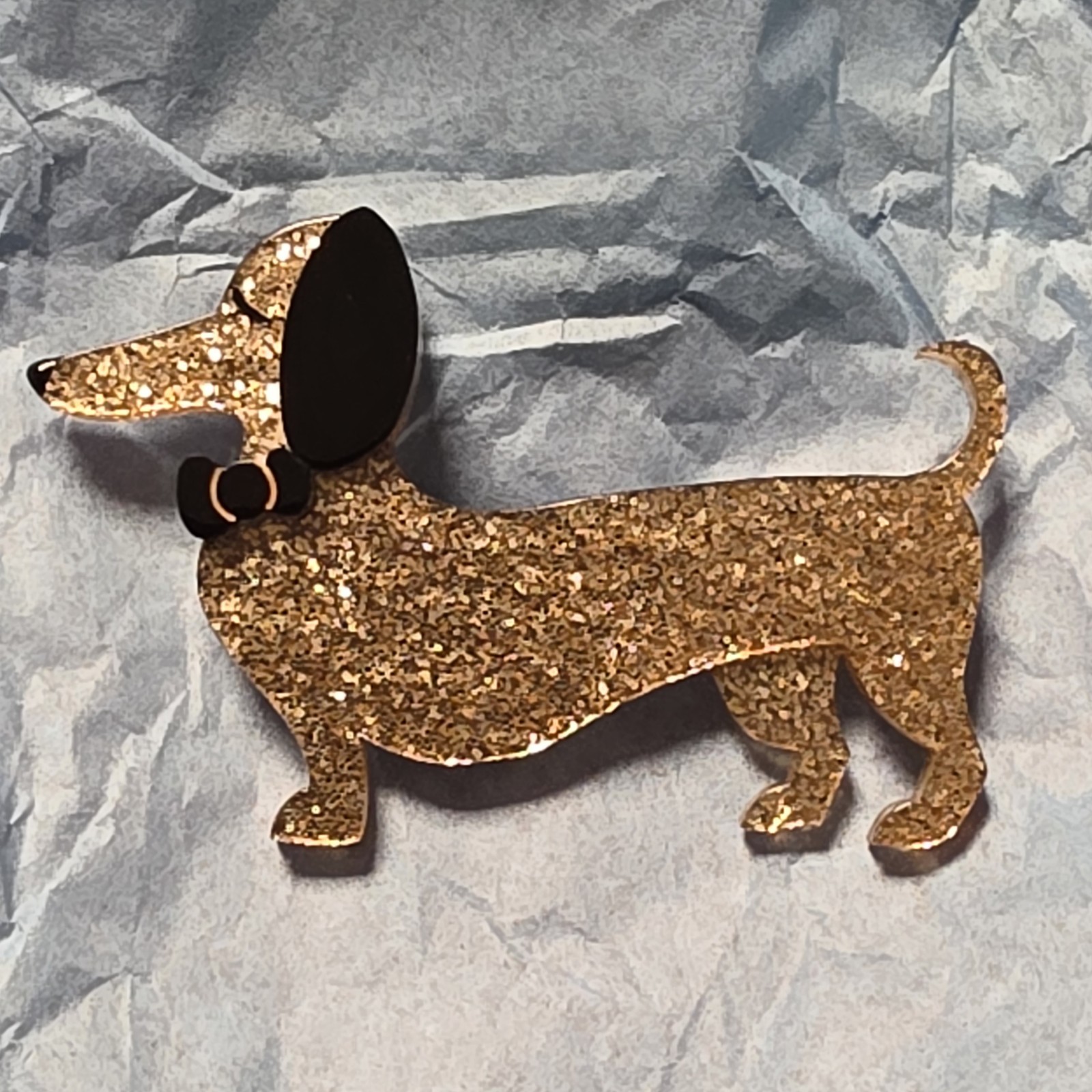 Spiffy the Sausage Dog Brooch Gold Sparkle Brooch Dachshund Pin