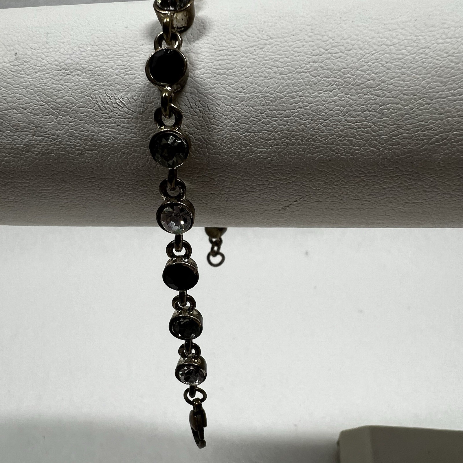 VTG Bracelet 7” Black Clear and Gray Rhinestones Brushed Antiqued Silver SEE