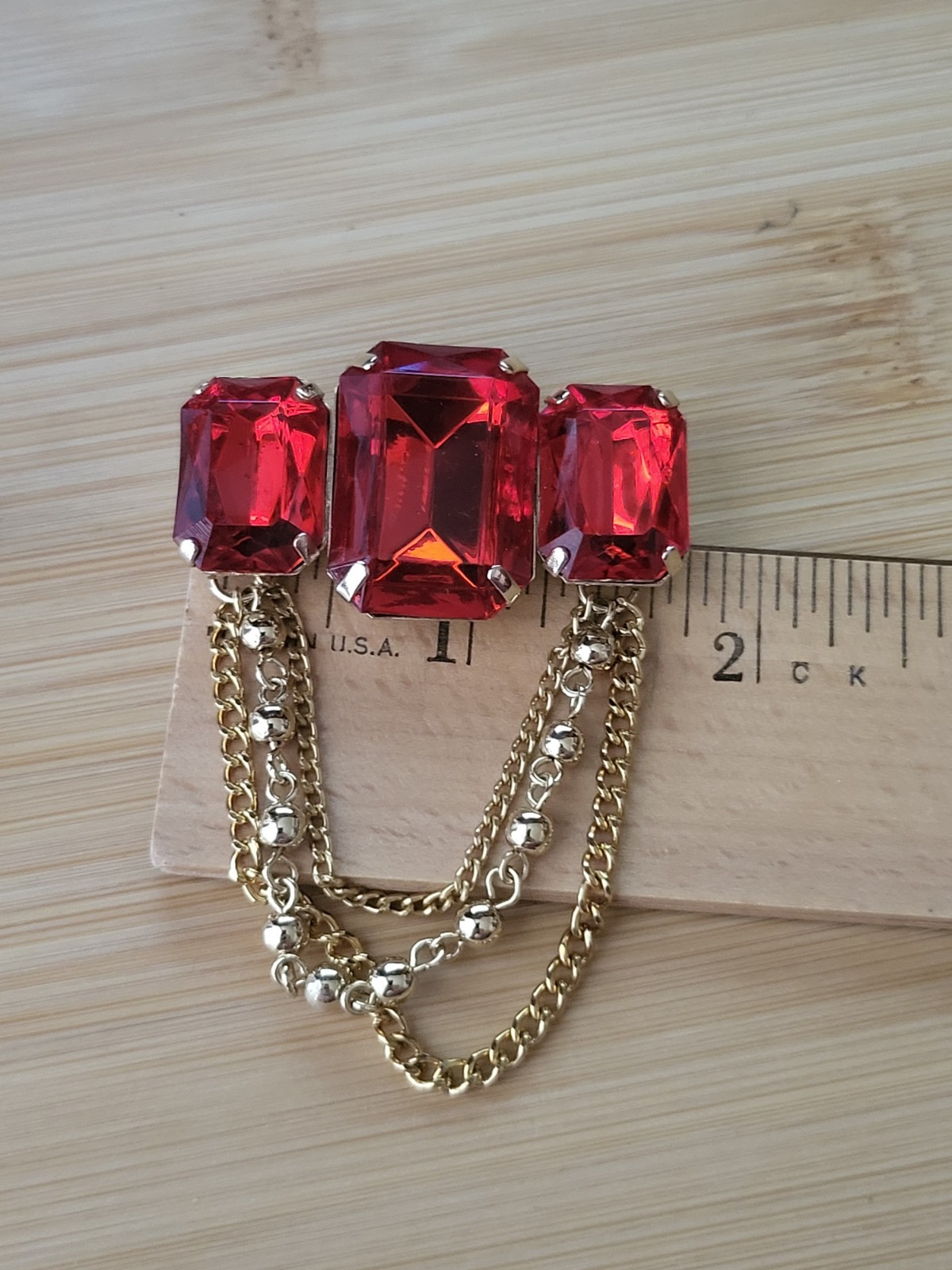 Vtg Faux Red Faceted Rectangle Gem Brooch Gold Tone Chatelaine Regal Statement