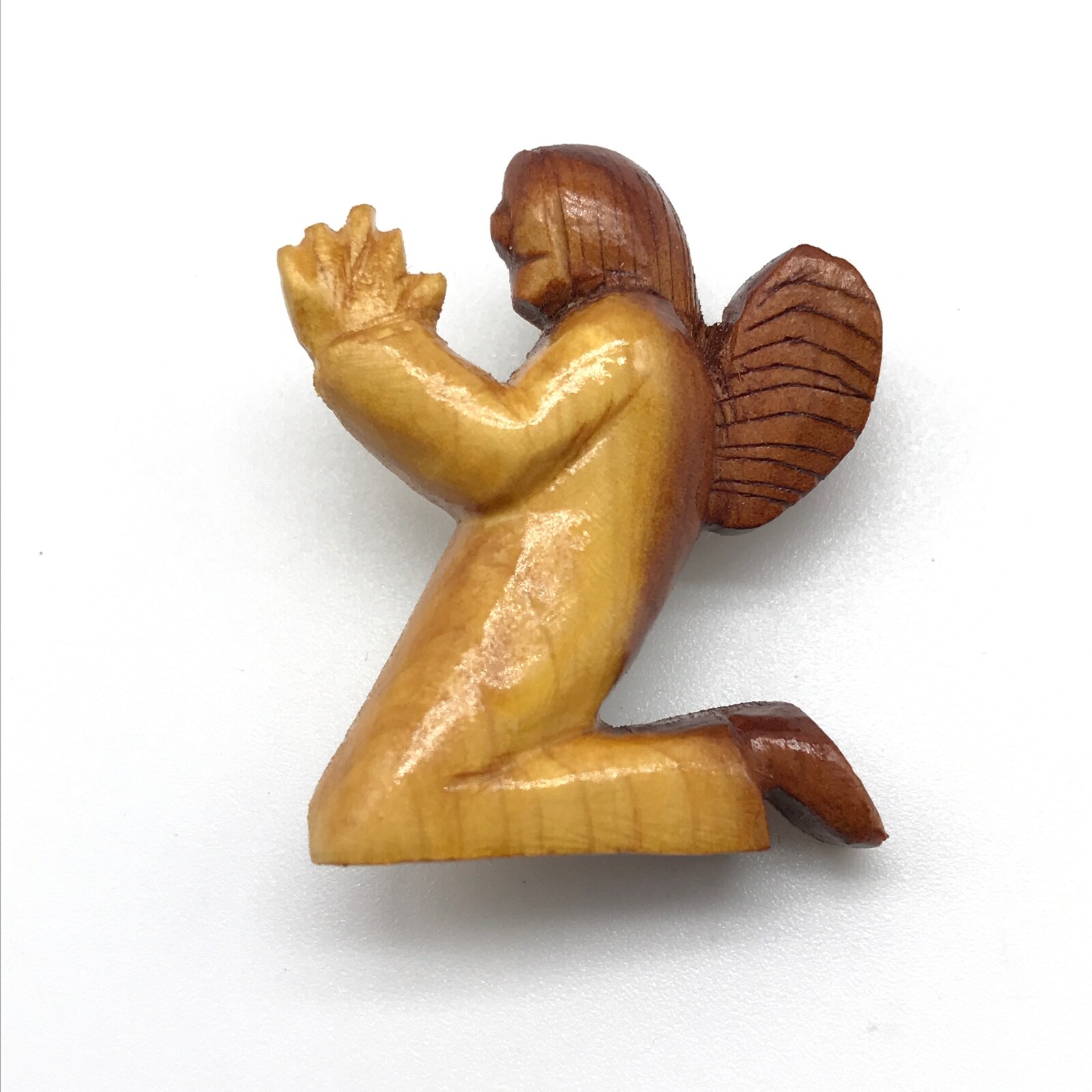 Vintage Carved Wooden Praying Angel Person Brooch Pin