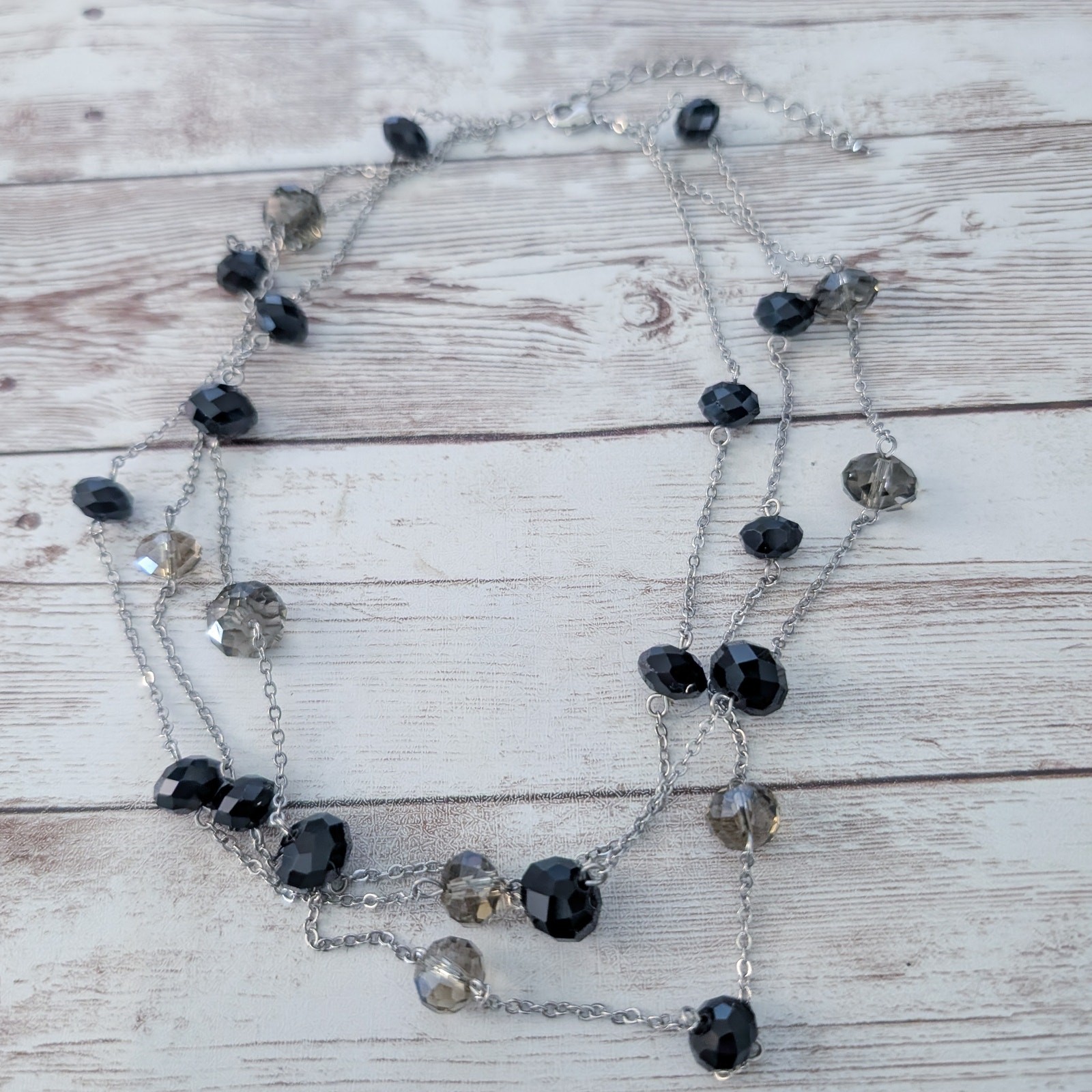 Vintage Necklace Layered Silver Tone with Black & Grey Beads