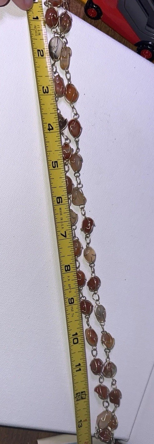 Vintage Agate Stone Necklace 30” Hand Wrapped Brass Wire Chain Boho Earthy