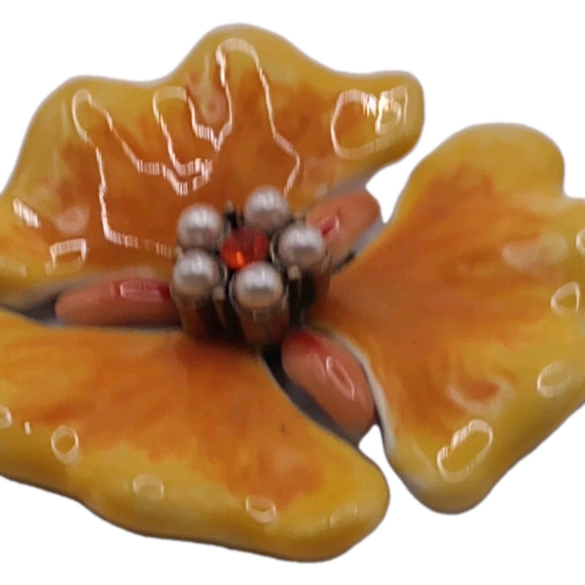 Vintage Enamel Floral Brooch Yellow Orange Faux Pearl Rhinestone Pin 2 in D