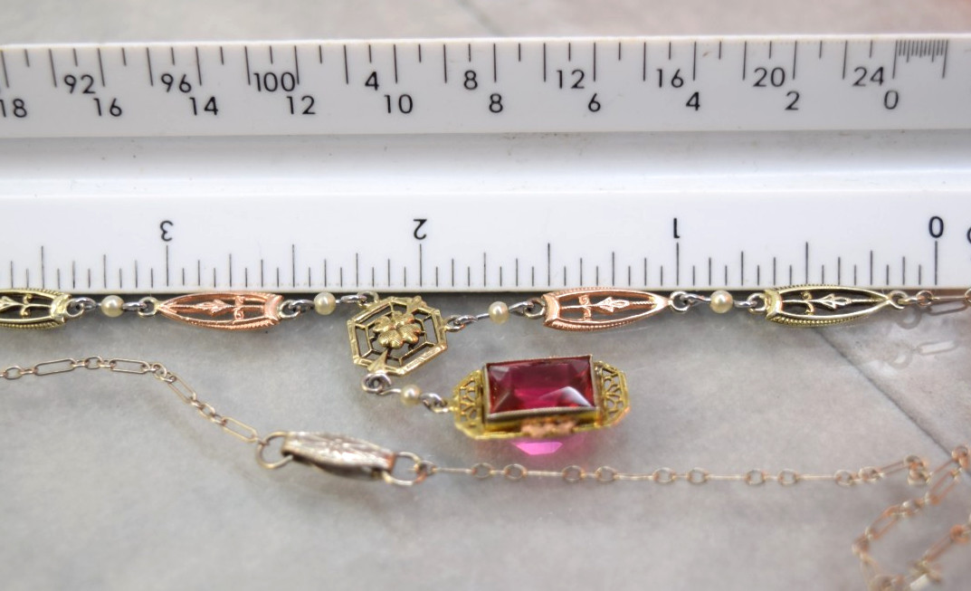 Antique Deco 10K Rose White Yellow Gold Red Ruby Glass necklace 17″