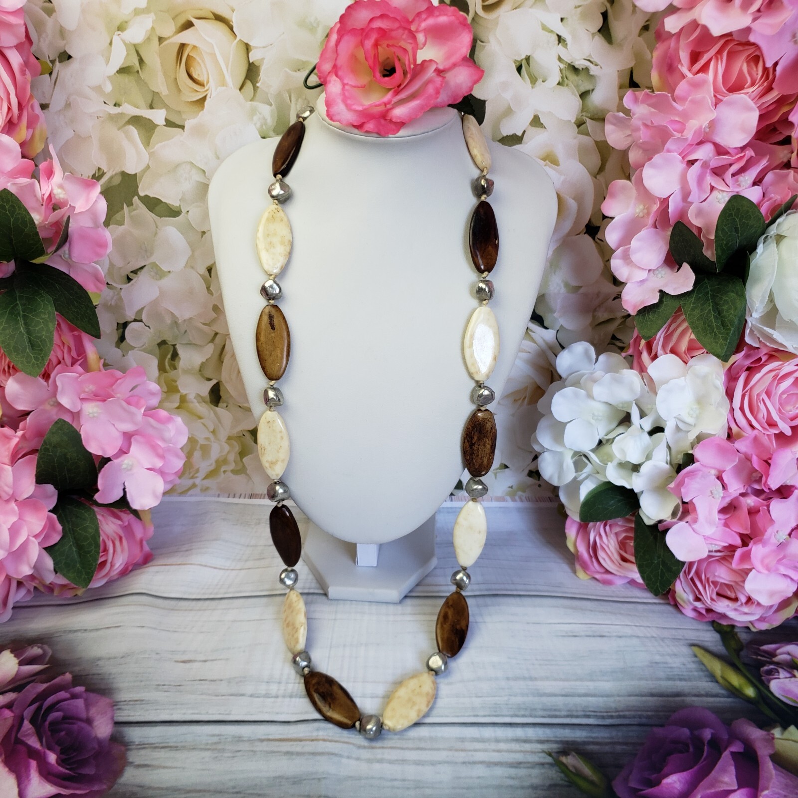 Artisan White & Brown Beaded Long Silver Tone Necklace