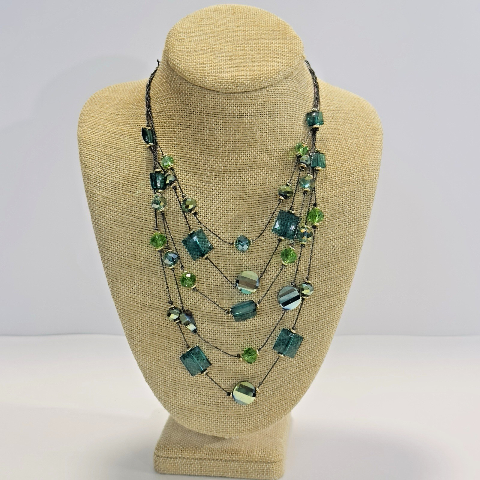 5 Strand Necklace Green Acrylic Glass Beads Black Wire Like Chain 11″ Faceted