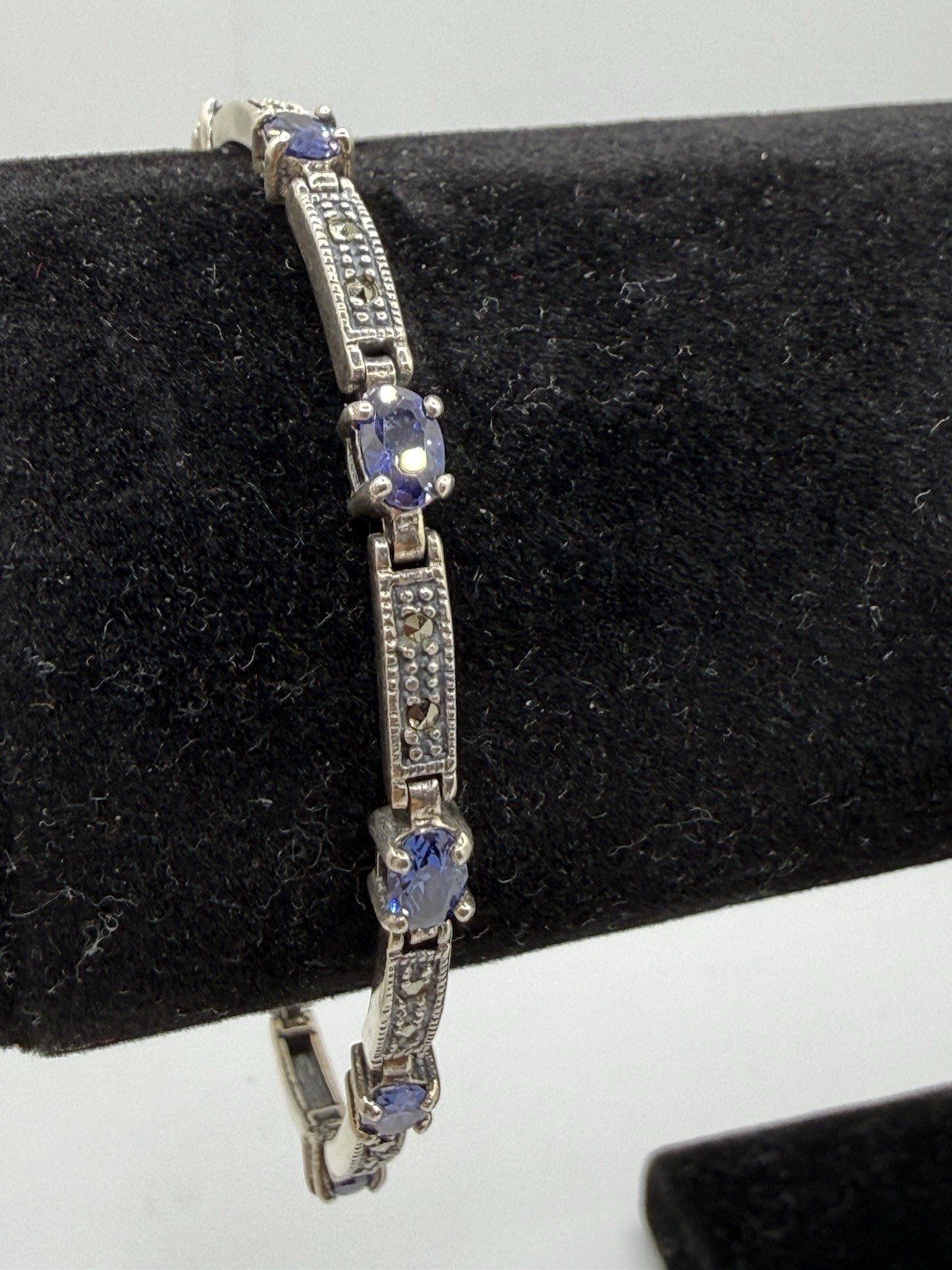 Vintage 925 CW Amethyst Marcasite Stone Panel Link Bracelet Sterling Silver 8”