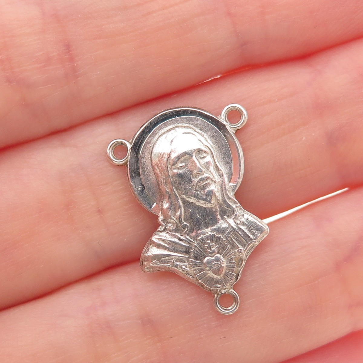 925 Sterling Silver Antique Art Deco Jesus Rosary Chain Centerpiece Pendant