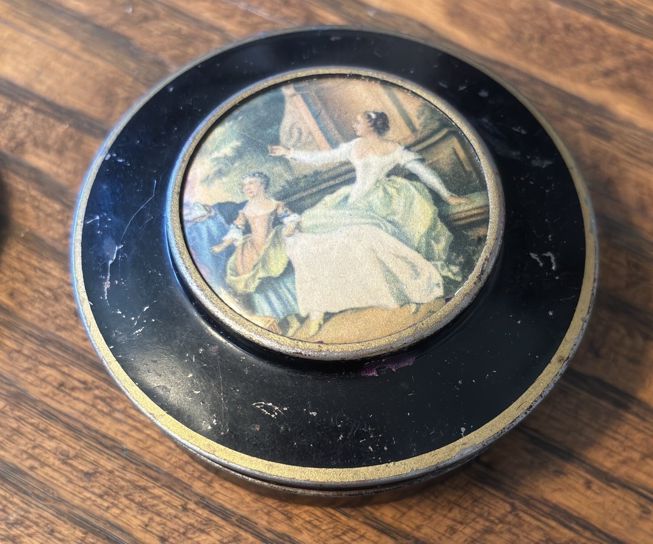 Antique Vintage Circa 1920-1930’s Portrait Tin and Floral Hinged Bangle Bracelet