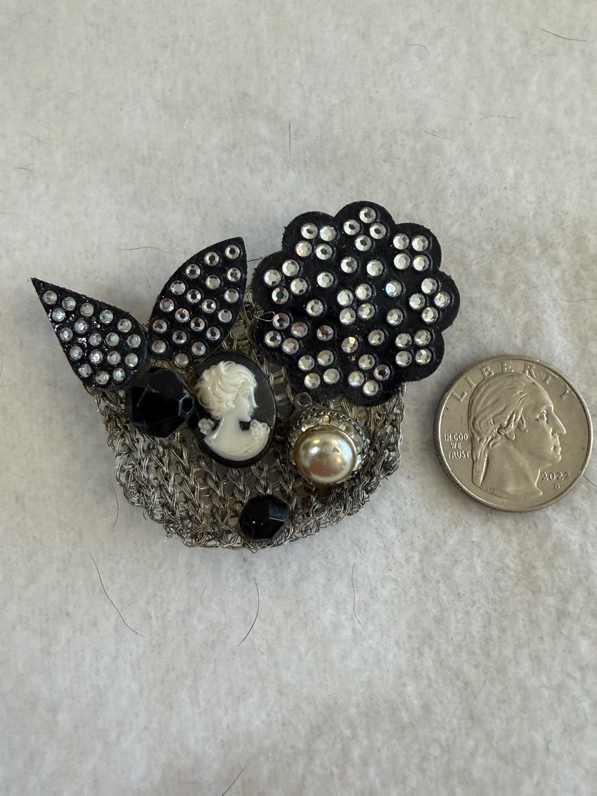 Handmade Vintage Brooch Rhinestone Leather and Metal Paris