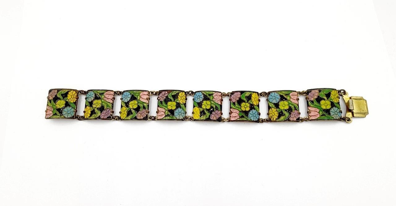 Vintage 1930s Floral Enamel & Brass Link Bracelet Made in England