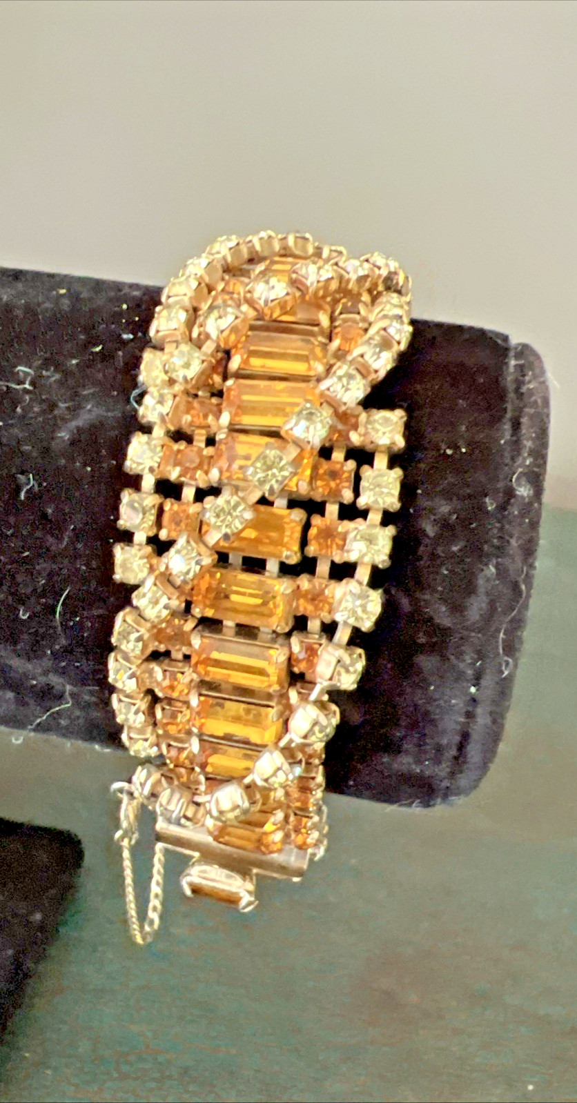 VTG. KRAMER N.Y. PARURE TOPAZ & CLEAR RHINESTONE NECKLACE BRACELET EARRING SET