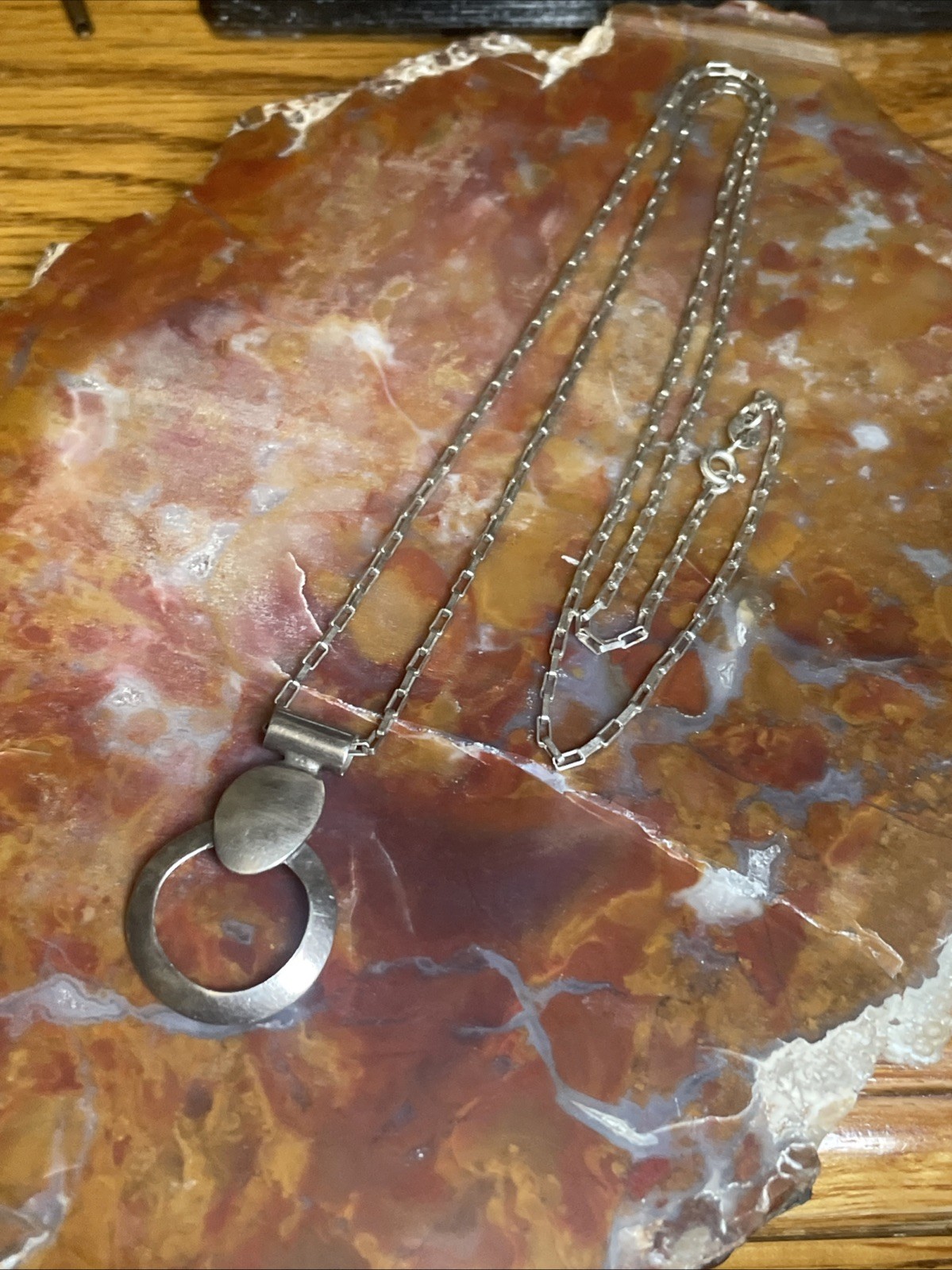 Vintage Sterling Silver Modernist Pendant Necklace 21”