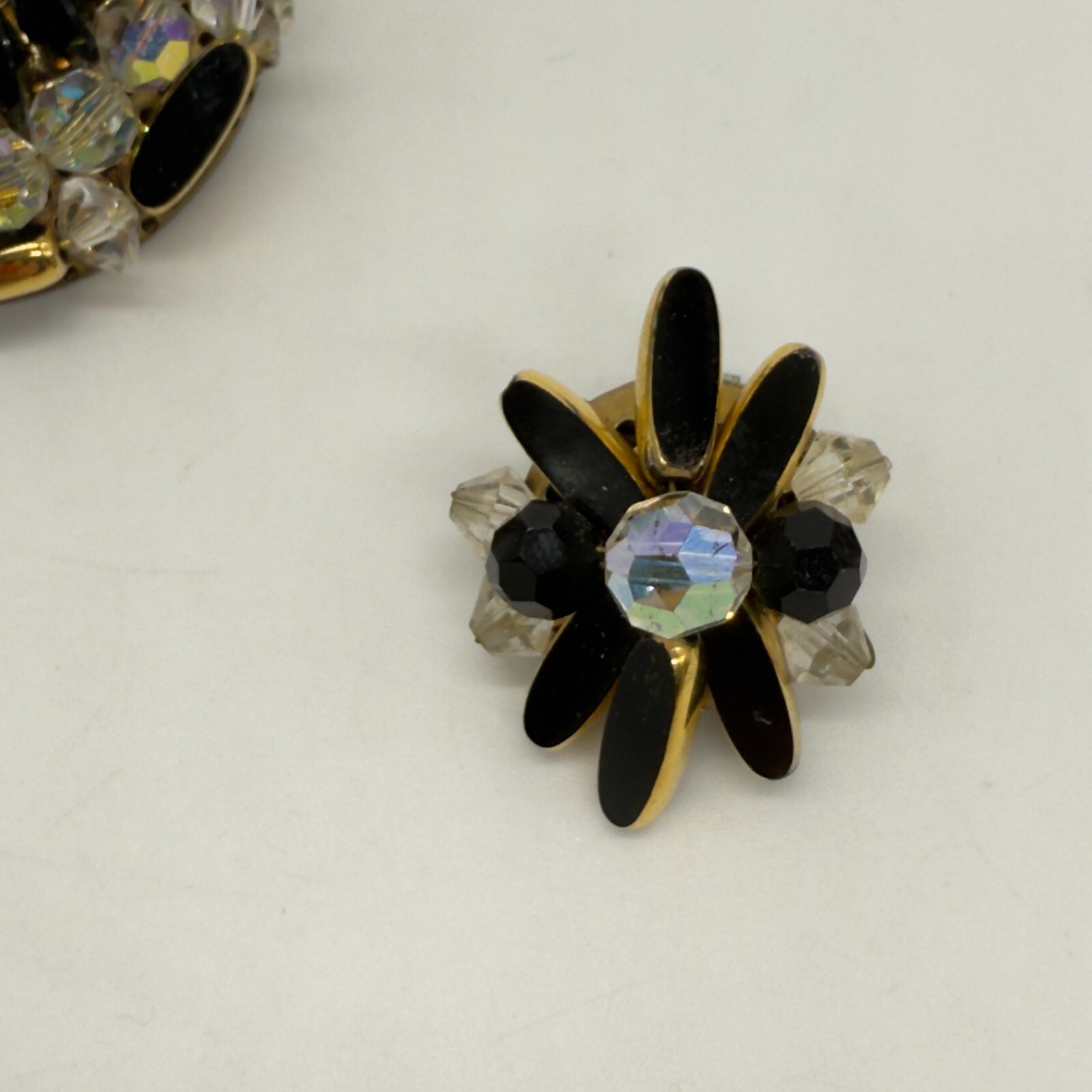 Vintage Brooch Earrings Black and AB Acrylic Beads Black Enamel