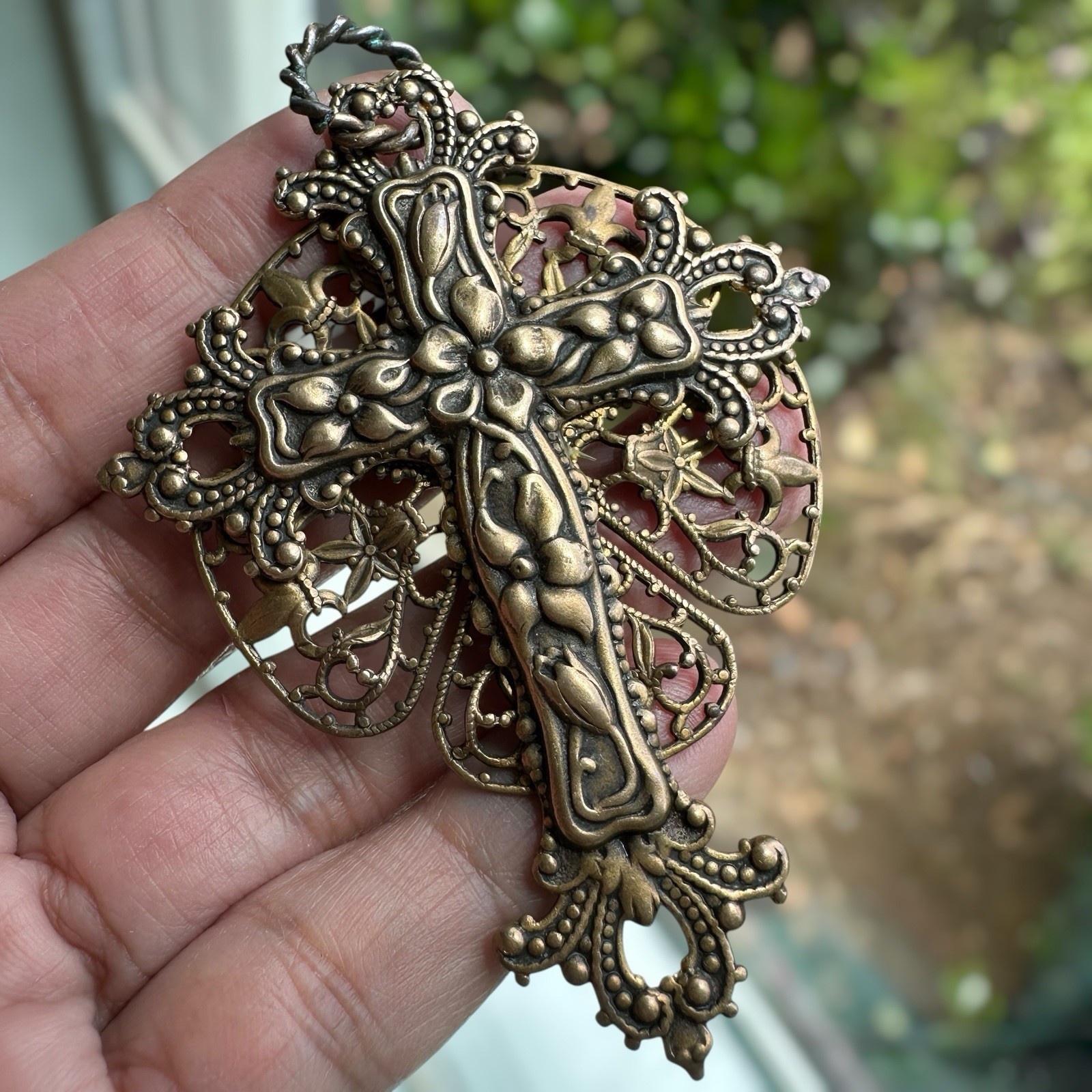 Vintage Christian Cross Pendant 3 Inch Ornate Brass Victorian Style Filigree