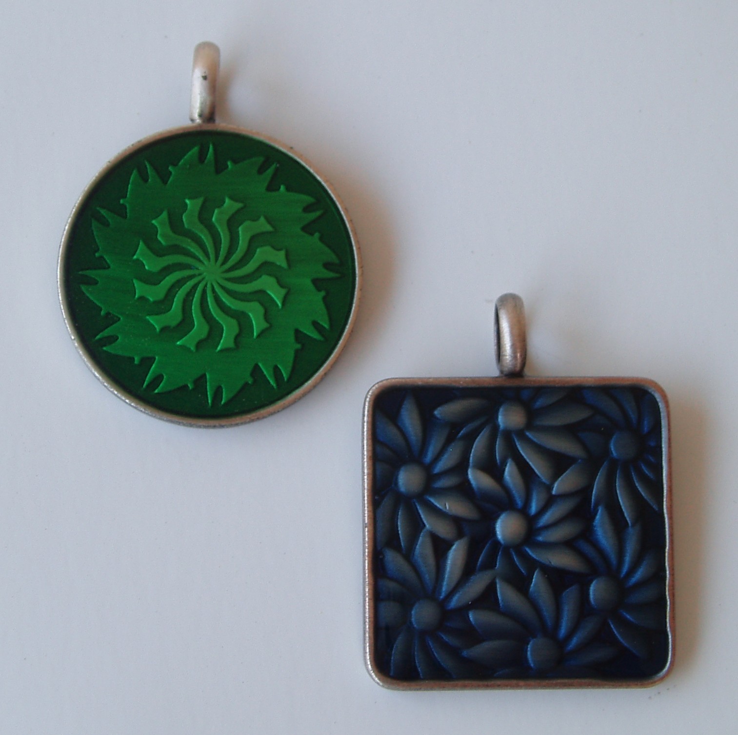 2 Vintage Pendants Epoxy Resin Pewter Metal Large Blue Floral & Green Sun Burst
