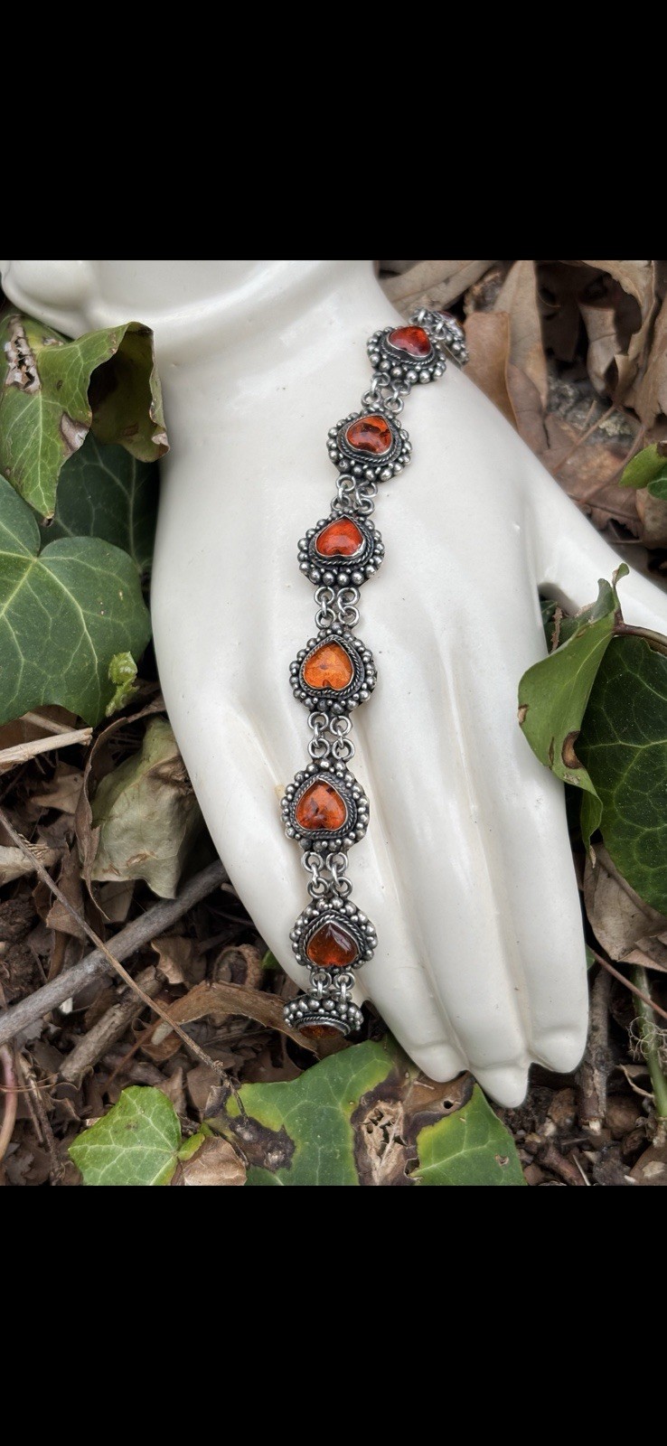 Amber Hearts & Sterling Silver Link Chain Vintage Bracelet 8 In HEAVY 23.5 G