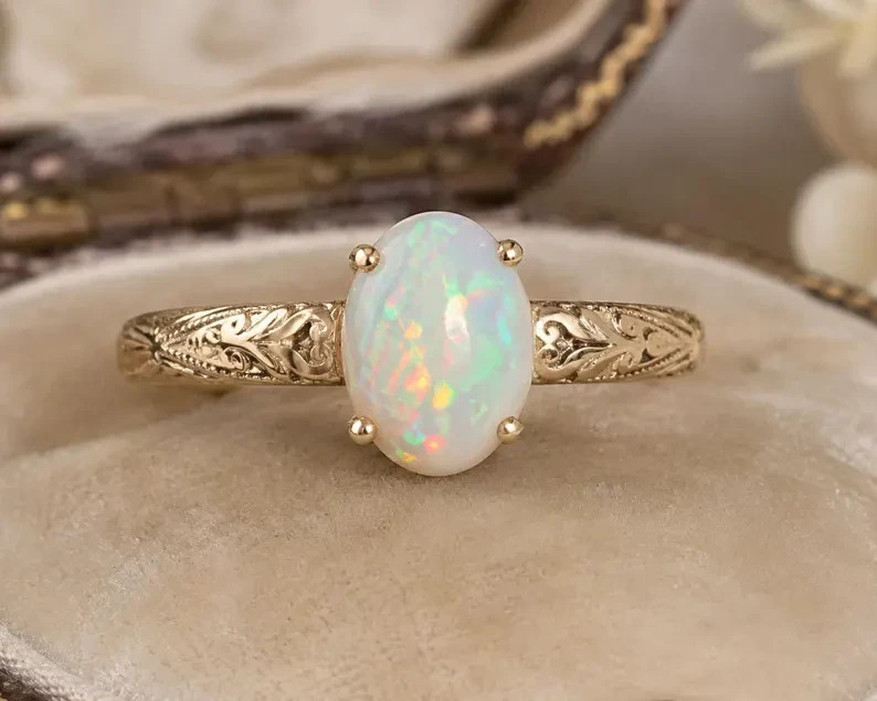 Natural Ethiopian Opal Ring Vintage Engraved Ring 925 Sterling Silver Oval Opal