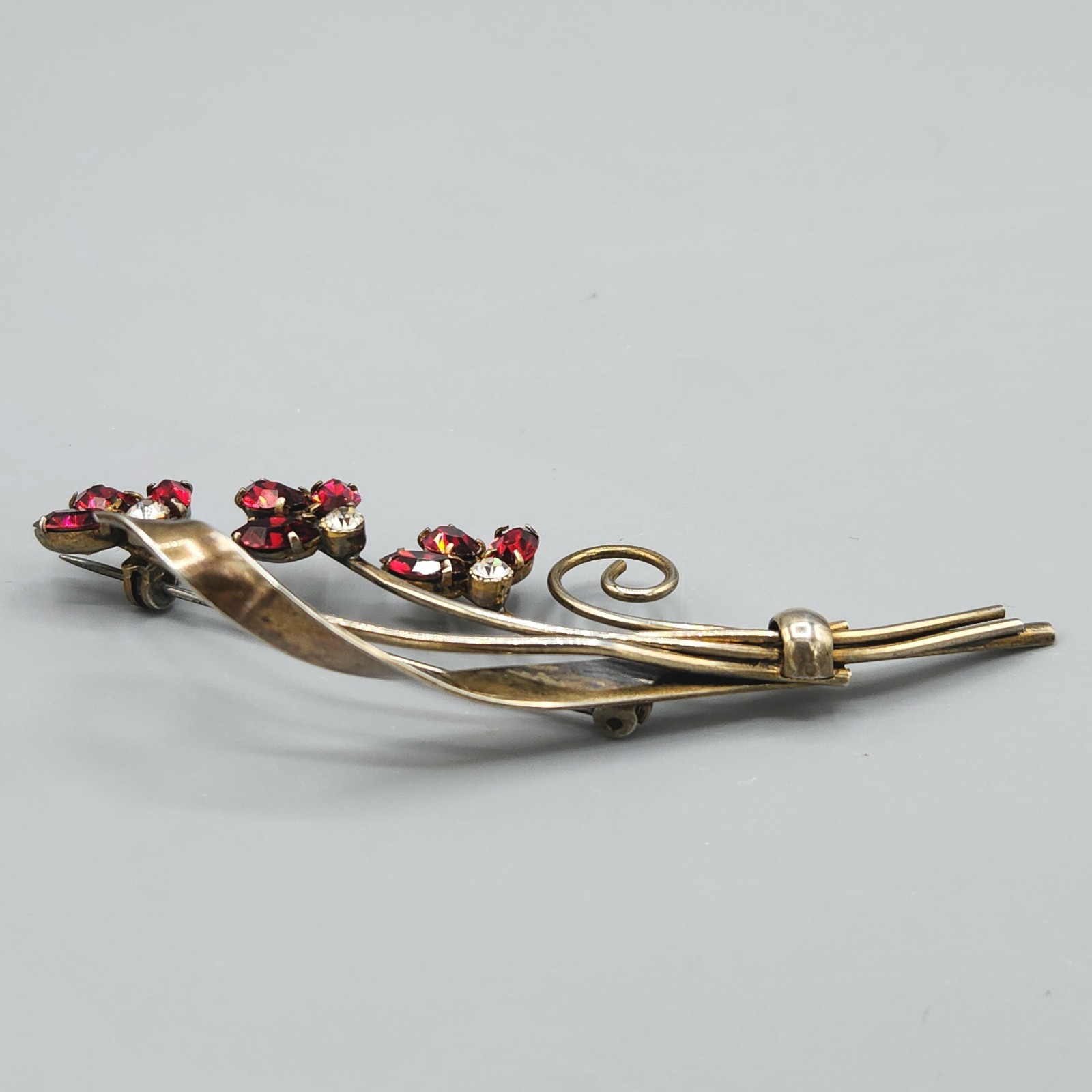 Retro Gold Wash Sterling Silver Siam Red Marquise Glass Flower Bouquet Brooch