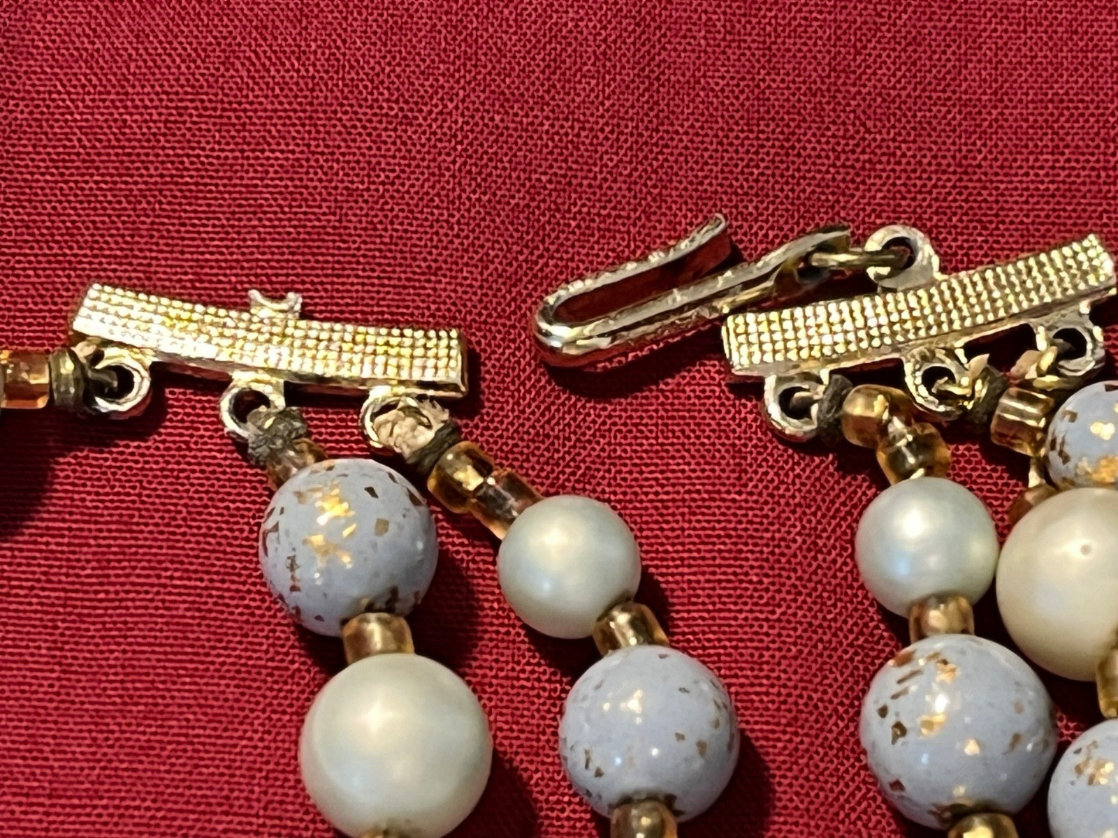 Vintage Japan 3-Strand Blue Shiny & Frosted Necklace With Clip On Earring Set
