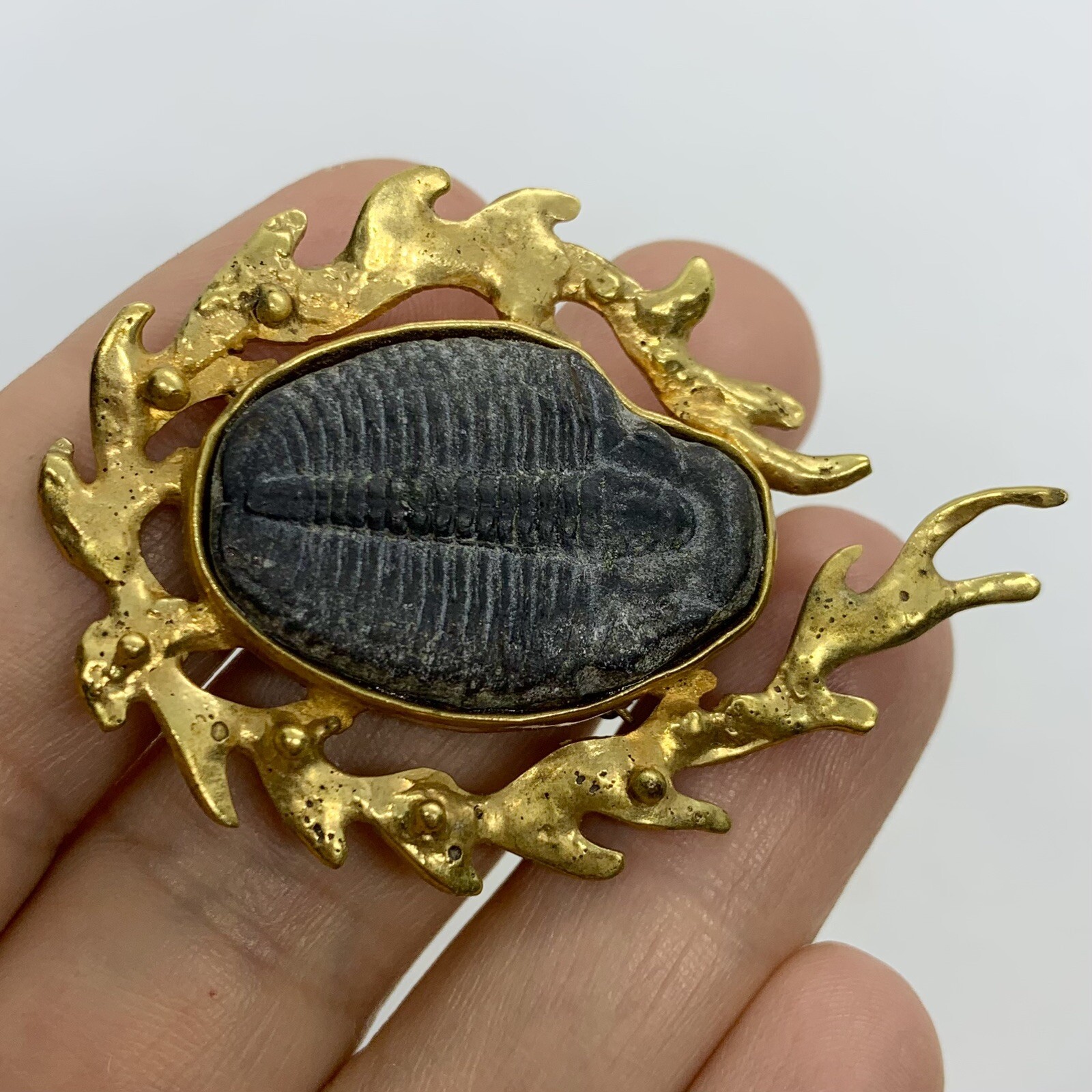 VTG SIGNED STEFANO TANASESCU MEXICO TRILOBITE FOSSIL BRUTALIST RARE BROOCH PIN