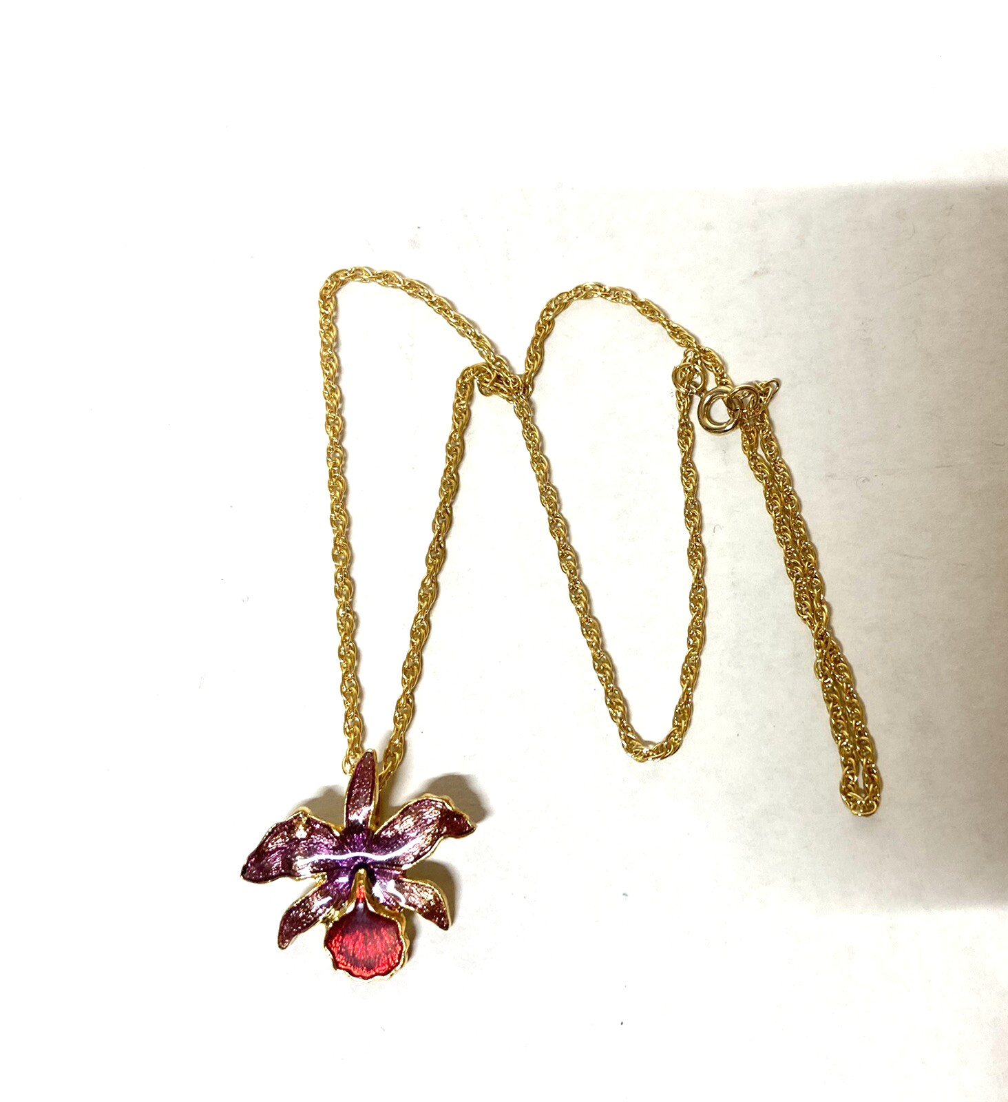 Pretty Enamel Pendant. Orchid Flower PURPLE and PINK Enamel Necklace